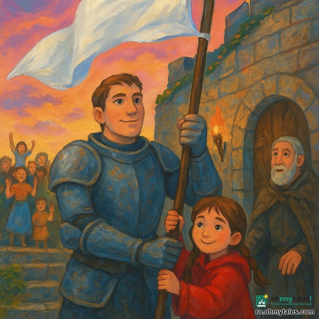 Un cavaler cu fața blândă și hotărâtă, armură ușor zgâriată cu reflexe albăstrui, ridică ferm o mare stindardă albă umezită de vânt; lângă el, o fetiță de ~7 ani cu părul brun în cozi și haină roșie prea mare se cuibărește la stânga, zâmbește timid și întinde o mânuță să ajute; un bătrân paznic de ~60 de ani cu barbă scurtă gri și mantie uzată stă ușor retras la dreapta, cu mâinile pe porțile cetății, surprins dar liniștit; în fundal, săteni de toate vârstele formează o mulțime caldă pe trepte, unii aplaudă, alții ridică copii pe umeri; locul: vârful unei cetăți din piatră deschisă la amurg, ziduri acoperite de mușchi, ghirlande și torțe ce proiectează umbre portocalii, cer roz-violet cu accente aurii; momentul: stindardul alb este arborat, materialul foșnește în vânt, razele luminii mângâie fețele, emoție colectivă de speranță și unitate; compoziție centrată pe cavaler și fetiță, paletă caldă, contrast puternic, texturi de pensulă, stil pictură acrilică, naiv dar detaliat.