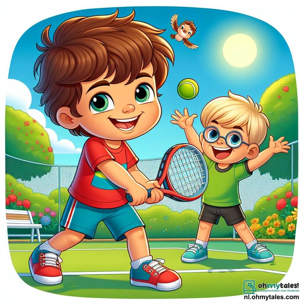 Een 6-jarig jongetje, Sam, met rommelig bruin haar en een grote glimlach, slaat enthousiast een tennisbal. Hij draagt een felrode t-shirt en een blauwe short, zijn ogen stralen van opwinding. Naast hem staat zijn beste vriend Max, ook 6 jaar oud, met blond haar en ronde bril, die hem aanmoedigt met opgestoken armen. Max draagt een groene t-shirt en een zwarte short en staat iets achter, klaar om de bal te vangen. De scène speelt zich af op een mooie buiten tennisbaan, omringd door groene bomen en kleurrijke bloemen. De zon schijnt in een heldere blauwe lucht, en er vliegen blije vogels boven hen. Sam slaat de bal met zijn racket terwijl Max hem aanmoedigt met een grote glimlach, wat een sfeer van kameraadschap en vreugde creëert.