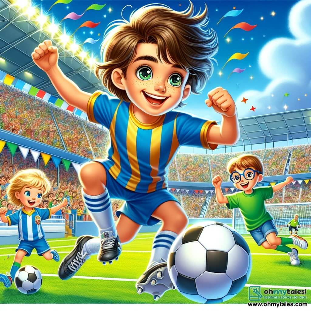A man named Ryan is at the center of the image, smiling enthusiastically, wearing a blue and gold football jersey, with messy brown hair and sparkling eyes full of joy. He is dribbling a football on the field, his muscles tense and his expression determined. To his right, a boy named Max, around 10 years old with blonde hair and a green t-shirt, jumps for joy with his arms raised and a big smile, admiring his hero. To the left, a girl named Lily, also 10, with brown hair and glasses, is poised to shoot at the goal, focused and energetic. The setting is a vast football stadium, filled with colorful fans, waving flags, and a bright blue sky. The grass is a vibrant green, well-maintained, and the white lines mark the field precisely. The main scene shows Ryan in action, dribbling the ball with ease, while Max and Lily cheer him on, creating an atmosphere of camaraderie and passion for football.