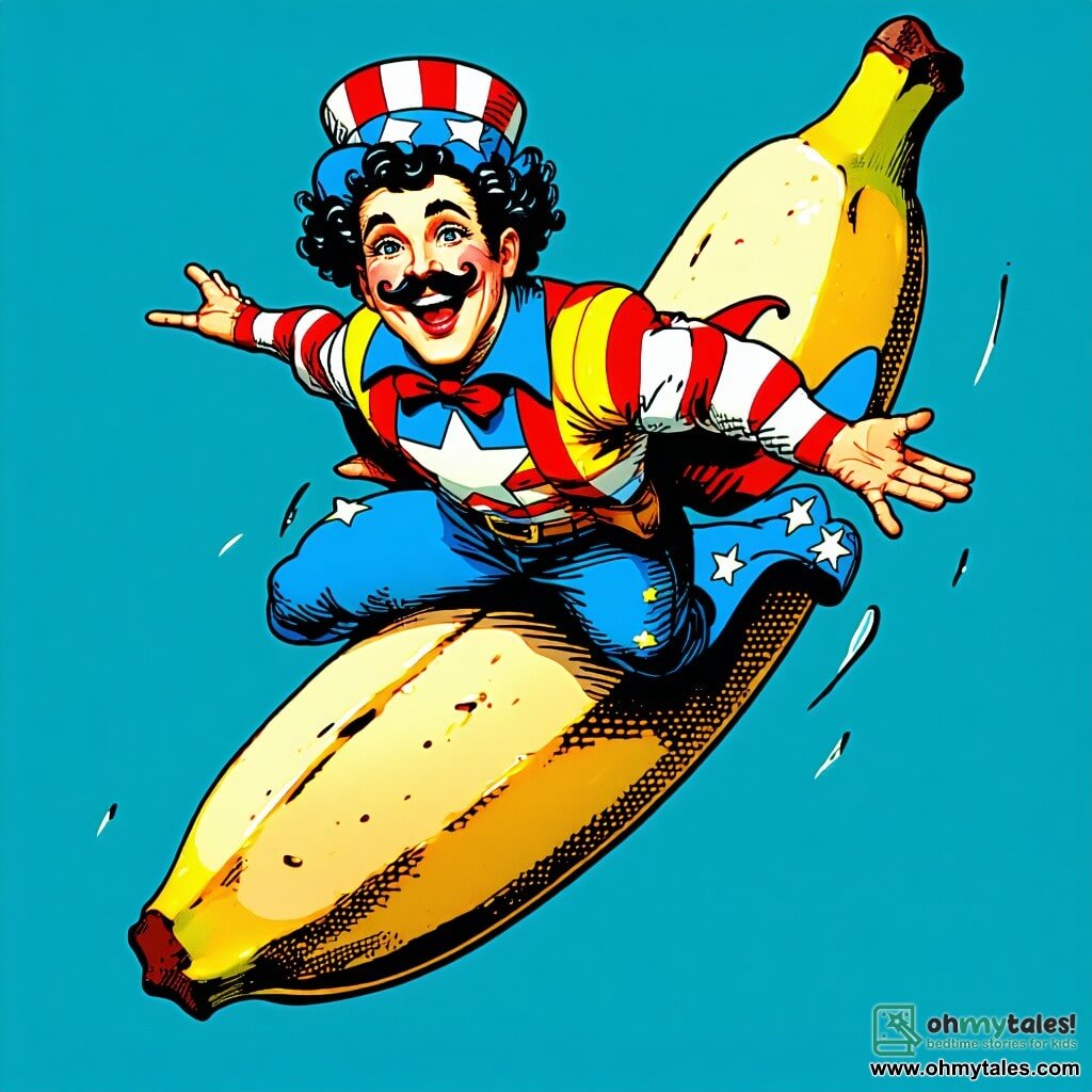The main character, Captain Gigglepants, is a cheerful man with curly hair and a colorful mustache. He wears a flamboyant costume in bright colors, adorned with stars and stripes, and has a big smile that lights up his face. He is slipping on an invisible banana peel, arms outstretched, ready to fall with a comical look of surprise. Next to him, Ticklish Tim, an 8-year-old boy with messy hair and a striped t-shirt, is making hilarious faces. He stands on one leg, arms raised, with mischievous eyes as he tries to make the children around them laugh. The scene takes place in a sunny park filled with vibrant green trees, colorful flowers, and the laughter of children. In the background, there is a large playground with swings and a slide, where other kids are having fun. The main situation shows Captain Gigglepants comically falling to the ground, while Ticklish Tim makes faces beside him, causing bursts of laughter from the surrounding children.