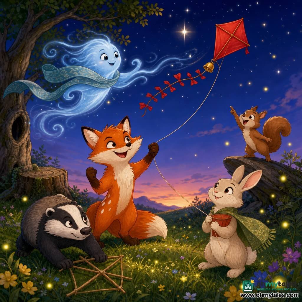 Fennel the red fox looks mischievous and triumphant with shiny orange fur and white markings, holding the kite string with one paw in a small victory gesture; Bramble the sturdy badger crouches left, striped black-and-gray fur, planted in the grass to steady the kite frame; Pip the small lively squirrel with light brown fur perches on a stone or branch at right, excitedly pointing skyward; Hazel the organized rabbit with long white ears gently holds the string near the ground and hugs the kite to her chest; a smiling translucent zephyr with a ribbon and tiny wind swirls gently blows the bright red kite—with a knotted long tail and a tinkling bell—forward over a soft grassy hill at dusk with glowing flowers, an old oak stump, a deep blue sky with a bright star and scattered yellow fireflies.
