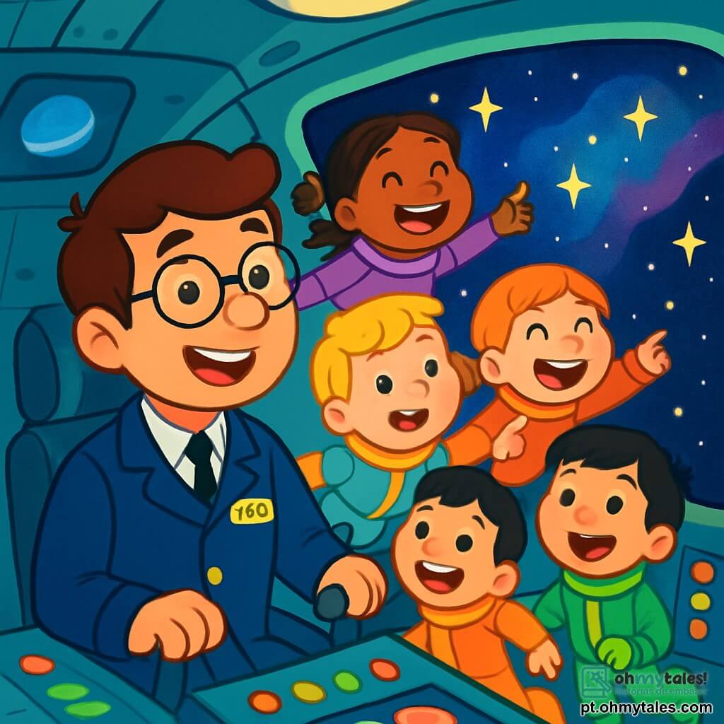 Um homem piloto sorridente, chamado João, com cabelos castanhos e óculos redondos, está sentado na cabine de uma grande nave espacial. Ele tem um olhar maravilhado e alegre, com os olhos brilhando de excitação. Ao seu lado, um grupo de quatro crianças, dois meninos e duas meninas, com idades entre 6 e 8 anos, flutuam no ar, com os rostos iluminados pela luz das estrelas. Os meninos, um com cabelos loiros e o outro com cabelos pretos, usam trajes espaciais coloridos. As meninas, uma com tranças castanhas e a outra com cabelos ruivos, riem e apontam para as estrelas cintilantes através da grande janela. A cena acontece dentro da nave, onde as paredes estão adornadas com botões luminosos e telas exibindo imagens de planetas distantes. Do lado de fora, um céu estrelado se estende até onde a vista alcança, com estrelas brilhantes e nebulosas coloridas iluminando a escuridão do espaço. A situação principal mostra João e as crianças flutuando alegremente na cabine, maravilhados com a beleza do universo ao seu redor, prontos para uma aventura espacial inesquecível.