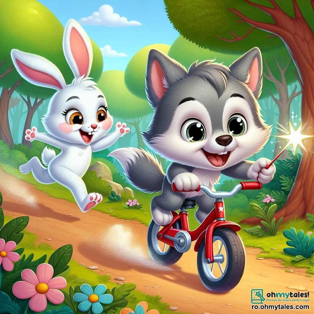 Lupuț, un lup mic cu ochi strălucitori și blană moale și gri, se află pe bicicleta lui roșie, zâmbind cu entuziasm în timp ce pedalează cu viteză prin pădure. Pare vesel și hotărât, cu urechile ridicate și coada mișcându-se de bucurie. Lângă el, Fifi, un iepure alb adorabil cu urechi mari și un zâmbet jucăuș, sare de bucurie, ținând o baghetă magică strălucitoare. Se află pe o alee însorită, înconjurați de copaci verzi cu frunze strălucitoare și flori colorate care dansează în vânt. Lupuț și Fifi sunt în plină alergare, râzând și încurajându-se reciproc, pregătiți pentru o aventură palpitantă împreună în natură.