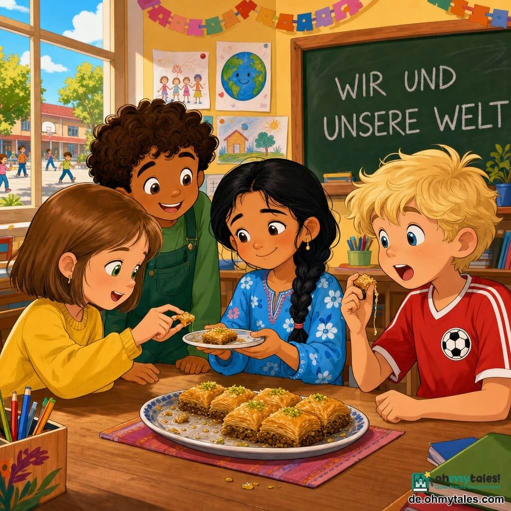 Vier Kinder, 7 Jahre: Aylin (türkisches Mädchen, olivfarbene Haut, schwarze geflochtene Haare, hellblaues Blumenkleid) sitzt in der Mitte und reicht schüchtern einen glänzenden goldenen Baklava; Mila (weißes Mädchen, kastanienblondes Bob, grüne Augen, gelber Pullover, Jeans) sitzt links und nimmt neugierig ein kleines Stück; Ben (weißer Junge, blonde zerzauste Haare, blasser Teint, rotes Fußballtrikot) sitzt rechts, mit offenem Mund und klebrigem Baklava an den Fingern; Leo (mischhäutiger Junge, karamellfarbene Haut, lockige braune Haare, grüne Latzhose) sitzt etwas zurück neben Mila und blickt lachend zu. Ort: warme, bunte Klassenzimmeratmosphäre mit hellen Holztischen, Kinderzeichnungen, Papiergirlande, großem Fenster zur Pausenhofansicht und einer Schultafel mit der Aufschrift WIR UND UNSERE WELT. Situation: Die Kinder teilen ein kleines Buffet, kosten das süße, klebrige Baklava mit Überraschung und Freude; Stimmung freundlich, respektvoll und inklusiv, Krümel und Sirren sichtbar.