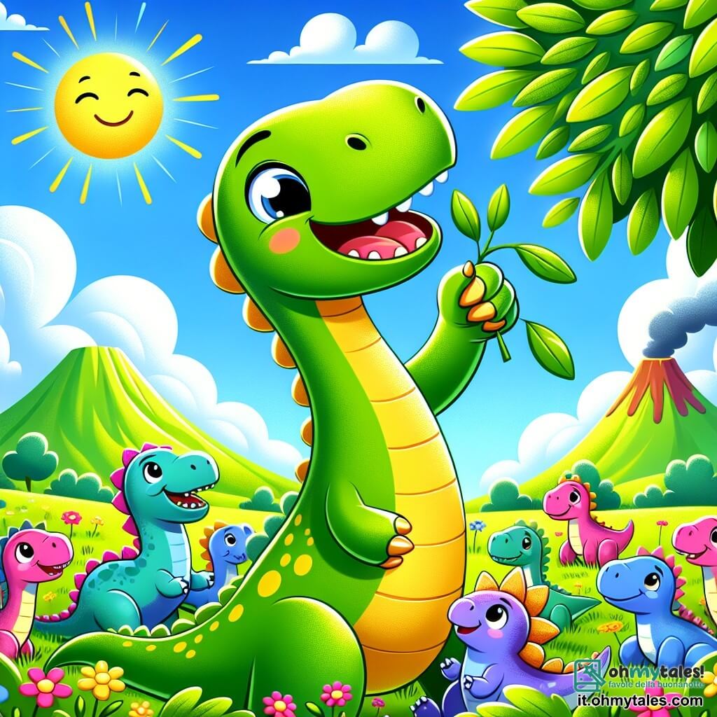 Un diplodocus felice di nome Dino, con un lungo collo e una pelle verde maculata di giallo, si trova al centro dell'immagine, mentre mangia deliziose foglie verdi da un albero. I suoi grandi occhi brillano di felicità e un ampio sorriso illumina il suo viso. Accanto a lui, un gruppo di piccoli dinosauri colorati, come uno stegosauro rosa e un triceratopo blu, lo osserva con meraviglia, gli occhi spalancati e le bocche aperte in segno di ammirazione. Sono seduti sull'erba verde, circondati da fiori colorati. Lo sfondo è un paesaggio preistorico vibrante, con un vulcano che erutta dolcemente fumo, montagne verdeggianti e un cielo blu brillante punteggiato di nuvole bianche e soffici. La scena principale mostra Dino mentre condivide felicemente le sue foglie con i suoi nuovi amici dinosauri, creando un'atmosfera di festa e di compagnia sotto il sole splendente.