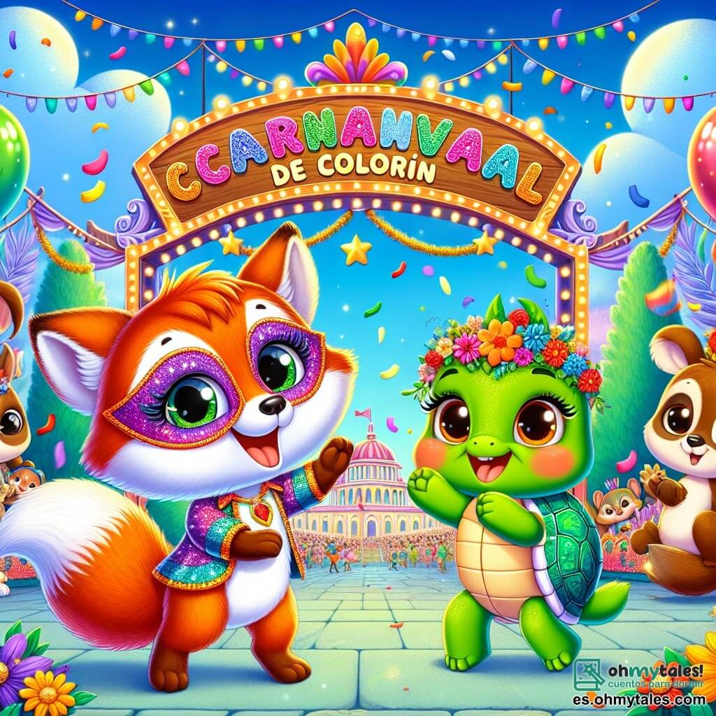 Un pequeño zorro llamado Rufi, con un pelaje naranja brillante y ojos chispeantes de alegría, baila alegremente en el centro de una escena de carnaval, llevando una máscara colorida y un disfraz brillante. A su lado, Tula, una tortuga con un caparazón verde adornado con flores, sonríe con asombro, aplaudiendo al ritmo de la música. Rápido, un pequeño conejo de grandes orejas blancas, salta con entusiasmo, sus ojos brillando de felicidad, mientras que Salta, una ardilla de pelo marrón, trepa a una rama para ver mejor el espectáculo. El decorado es un hermoso parque lleno de globos coloridos, guirnaldas brillantes y flores vibrantes, bajo un cielo azul salpicado de nubes blancas. Al fondo, un gran letrero de madera anuncia "Carnaval de Colorín" con estrellas y confeti. La escena principal muestra a Rufi y sus amigos bailando juntos, rodeados de otros animales alegres, creando una atmósfera festiva y mágica.