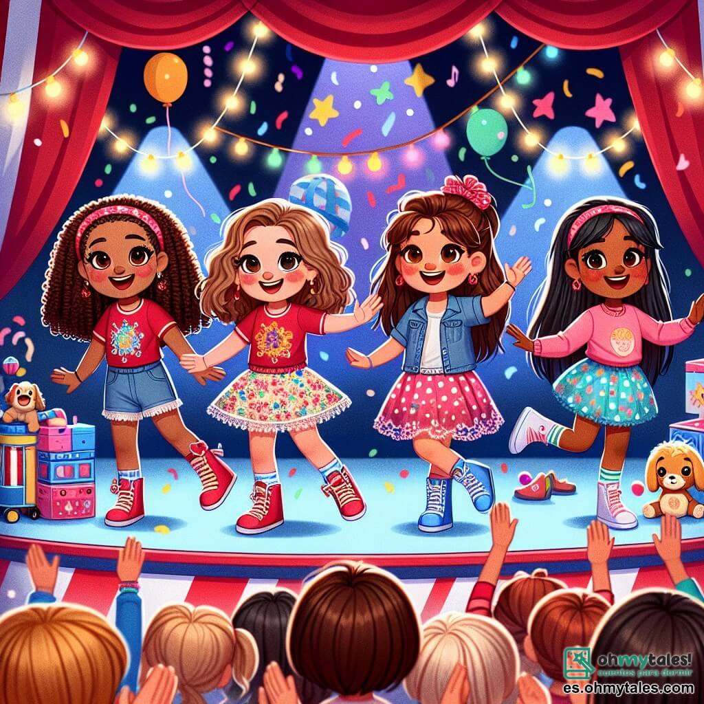 Cuatro chicas alegres, Valeria (10 años, cabello castaño y rizado, vestida con una camiseta roja y un short de mezclilla), Sofía (9 años, cabello rubio y lacio, con un vestido de flores), Clara (11 años, cabello castaño y ondulado, con una camiseta azul y una falda de lunares) y Ana (10 años, cabello negro recogido en una coleta, con un sudadera rosa), están juntas en el escenario, rodeadas de luces de colores y confeti. El fondo es un circo mágico, con una gran carpa a rayas rojas y blancas, globos flotantes y estrellas brillantes en el cielo nocturno. Los espectadores, maravillados, aplauden con entusiasmo. Las chicas, con accesorios cómicos como un pez de plástico, zapatos gigantes, un peluche de perro y un peluche colorido, realizan movimientos divertidos y piruetas, creando una atmósfera de alegría y risas, mientras el payaso Chiquitín, con su nariz roja y su traje colorido, las anima con una gran sonrisa.
