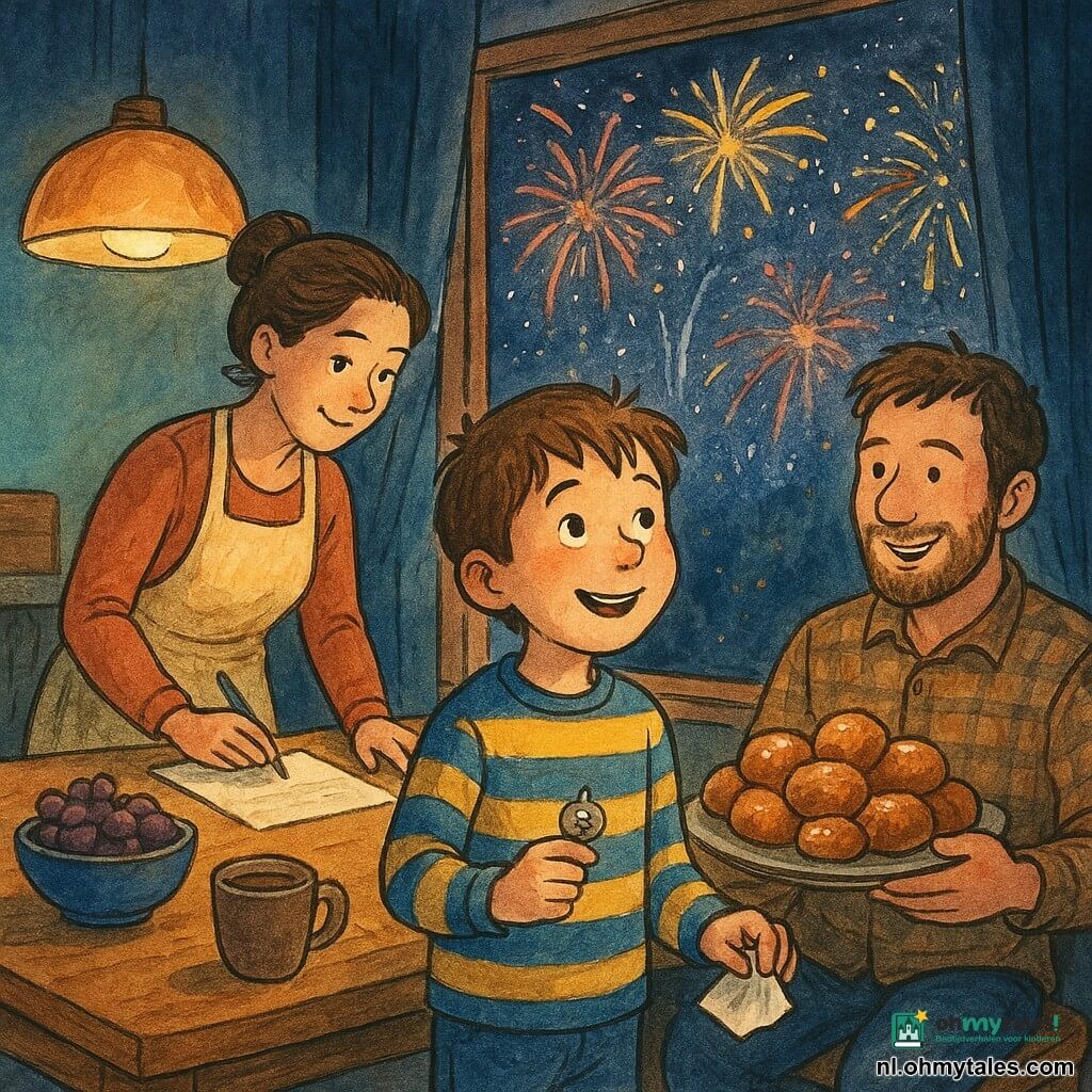 Een 8-jarige jongen, Milo, staat op zijn tenen bij een brede vensterbank in een warm verlichte woonkamer ’s nachts, met een verwonderde blik en een lichte glimlach, kort kastanjebruin warrig haar, een blauw-geel gestreepte trui, en houdt een piepklein zilveren belletje en een klein wit briefje; links achteraan zijn moeder van ongeveer 35, bruine haren in een knot en een licht schort, schrijvend aan wensen aan een houten tafel, rechts achteraan zijn vader van ongeveer 37 met lichte baard en ruithemd, zittend en glimlachend met een bord goudbruine oliebollen; de kamer heeft een hangende glazen lamp, donkerblauwe gordijnen, glanzend houten vloer en het venster weerspiegelt kleurrijke vuurwerkflitsen terwijl zacht licht de scène verlicht.