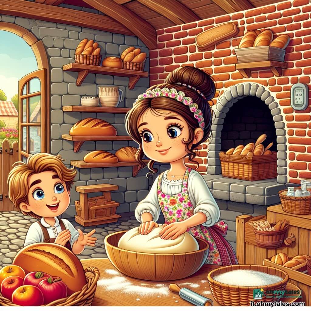 Camilla, una donna sorridente di circa trent'anni, con lunghi capelli castani raccolti in uno chignon e guance rosate, si trova al centro della scena, con le mani coperte di farina, mentre impasta una pasta per il pane in una grande ciotola di legno. Indossa un bel grembiule a fiori che aggiunge un tocco di allegria al suo aspetto. Accanto a lei, Leo, un ragazzo di 10 anni con capelli biondi disordinati e occhi brillanti di curiosità, guarda con ammirazione, tenendo un cesto pieno di mele rosse. Si tiene leggermente in disparte, pronto ad aiutare, con un grande sorriso sul volto. Il luogo è un affascinante forno di legno, con muri in mattoni rossi e una grande finestra che lascia entrare la luce dorata del mattino. Gli scaffali in legno sono pieni di pani dorati e dolci colorati, mentre un forno in pietra emana un dolce calore. La situazione principale mostra Camilla e Leo mentre preparano una grande festa di degustazione, circondati dall'aroma del pane che cuoce, creando un'atmosfera calda e gioiosa, dove l'amore per il pane e il condivisione sono al centro.