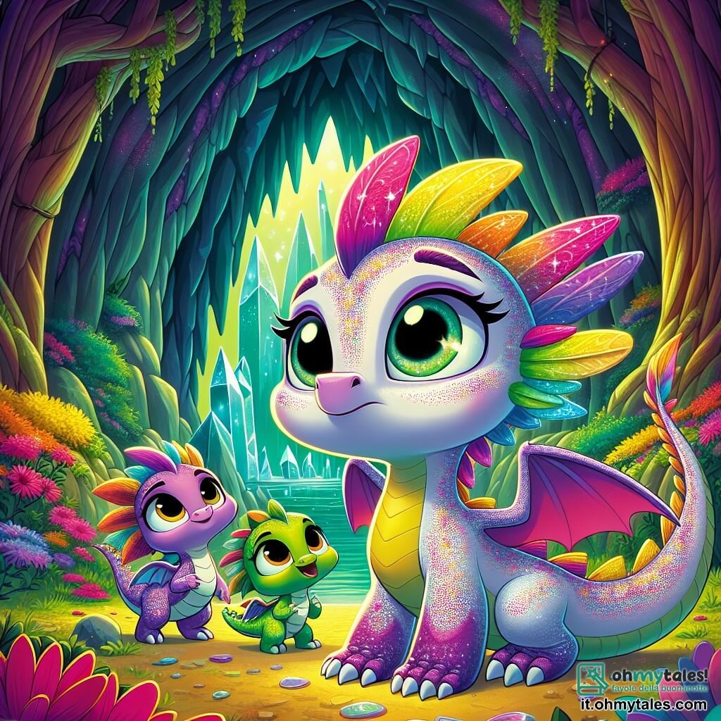 Una giovane draghetta dalle squame scintillanti come un arcobaleno, con grandi occhi brillanti di curiosità, si trova all'ingresso di una grotta misteriosa. Sorride con meraviglia, con le sue delicate ali leggermente spiegate, pronta a esplorare. Accanto a lei, suo fratellino, un draghetto dalle squame verdi e dagli occhi rotondi, guarda con eccitazione, mentre la sua sorella maggiore, una draghetta dalle squame dorate, lo incoraggia con un sorriso rassicurante, le ali ripiegate dietro di lei. La scena si svolge davanti all'entrata di una grotta maestosa, circondata da alberi con tronchi spessi e fiori vivaci, con cristalli brillanti che scintillano all'interno, illuminando l'oscurità. Lila, piena di entusiasmo, si prepara a entrare nella grotta, ansiosa di scoprire le meraviglie nascoste all'interno, mentre la sua famiglia la incoraggia con risate gioiose.