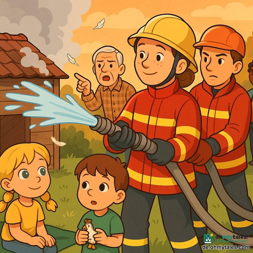 Feuerwehrfrau (Lena), ruhig und beruhigend, etwa 30, sanftes Gesicht mit Sommersprossen, braune Haare zu einem Dutt gebunden, glänzende rote Feuerwehrjacke und gelber Helm, sie hält einen großen Wasserschlauch und richtet einen Strahl auf das rauchende Hühnerhaus; Feuerwehrmann (Jonas), ca. 25, konzentriert, rote Jacke und Handschuhe, hilft Lena und hält den Schlauch rechts von ihr; Herr Müller, etwa 60, faltiges besorgtes Gesicht, karierte Hemd, deutet auf das Hühnerhaus und ruft um Hilfe links am Eingang der Szene; Mädchen (Emma), 8, blonde Zöpfe, große bewundernde Augen, sitzt auf einer grünen Decke im Vordergrund und beobachtet; Junge (Paul), 5, kurze braune Haare, steht neben Emma mit einer kleinen Figur, besorgt aber neugierig; kleines Holz-Hühnerhaus mit Ziegeldach und verwitterten Brettern, heller Rauch aus dem Dach, einige Federn wirbeln; zwei Nachbarn tragen behutsam Weidenkörbe mit erschrockenen Hühnern und bringen sie rechts-hinten in Sicherheit; warme spätnachmittägliche Lichtstimmung, oranger Himmel, weiche Schatten, kräftige Farben (Rot, Gelb, Grün, Braun), mutige und ruhige Atmosphäre; mittlere Bildkomposition mit leichter Perspektive von der Wiese zum Hühnerhaus, Fokus auf Lena und den Wasserstrahl, gut erkennbare Gesichter und klare Mimik.