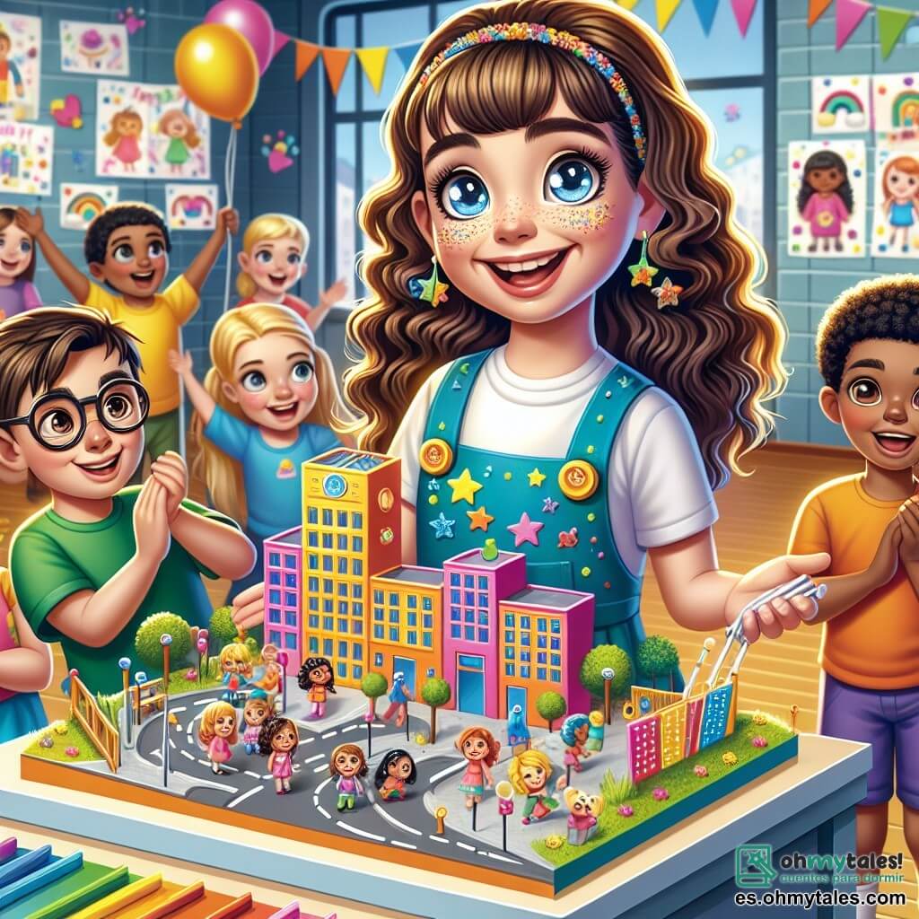 Una niña de 10 años, Martina, con cabello rizado y castaño y ojos llenos de curiosidad, sonríe alegremente sosteniendo un modelo colorido de su ciudad ideal, lleno de rampas y paneles en braille. A su lado, Hugo, un niño de 11 años con gafas gruesas y un bastón blanco, la anima con una gran sonrisa, mientras que Sofía, una niña de cabello rubio, observa el modelo con asombro. La escena tiene lugar en un gimnasio luminoso, decorado con globos coloridos y dibujos de niños en las paredes, donde grupos de estudiantes presentan sus proyectos sobre inclusión. Martina, entusiasta, explica a un pequeño grupo de niños cómo su modelo ayuda a hacer la ciudad accesible para todos, en un ambiente alegre y animado, lleno de risas y conversaciones.