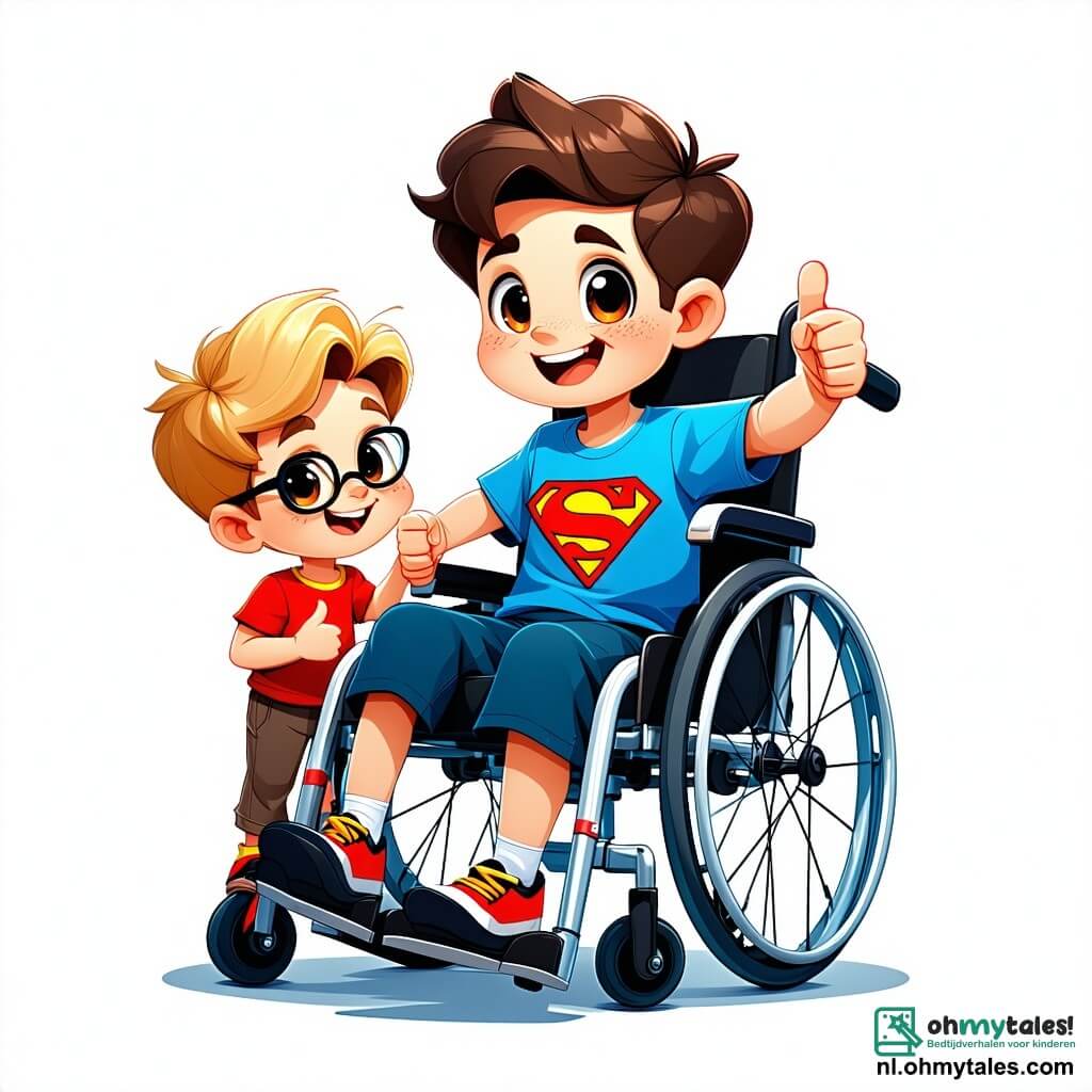 Een 6-jarig jongetje, Sam, zit in zijn mooie rolstoel met een grote glimlach vol vreugde op zijn gezicht. Hij heeft rommelig bruin haar en draagt een blauw t-shirt met een superheldenafbeelding. Zijn ogen stralen van opwinding terwijl hij naar zijn vrienden kijkt. Naast hem moedigt Tom, een 6-jarig jongetje met blond haar en ronde bril, hem aan met een duim omhoog. Hij draagt een groen t-shirt en staat klaar om hem te helpen een obstakel te overwinnen. Lisa, een 6-jarig meisje met lang, krullend haar, houdt een hoepel vast en glimlacht warm naar Sam, terwijl Noor, een ander 6-jarig meisje met een knot, in de buurt van de tunnel zit, klaar om hem te helpen binnen te komen. De scène speelt zich af in een lichte gymzaal met gele muren en kleurrijke matten op de vloer. Er zijn kegels en schuimobstakels om hen heen, wat een leuk parcours creëert. Sam en zijn vrienden helpen elkaar vrolijk om het parcours te voltooien, terwijl ze hun best doen, met gelach en aanmoedigingen in de lucht.