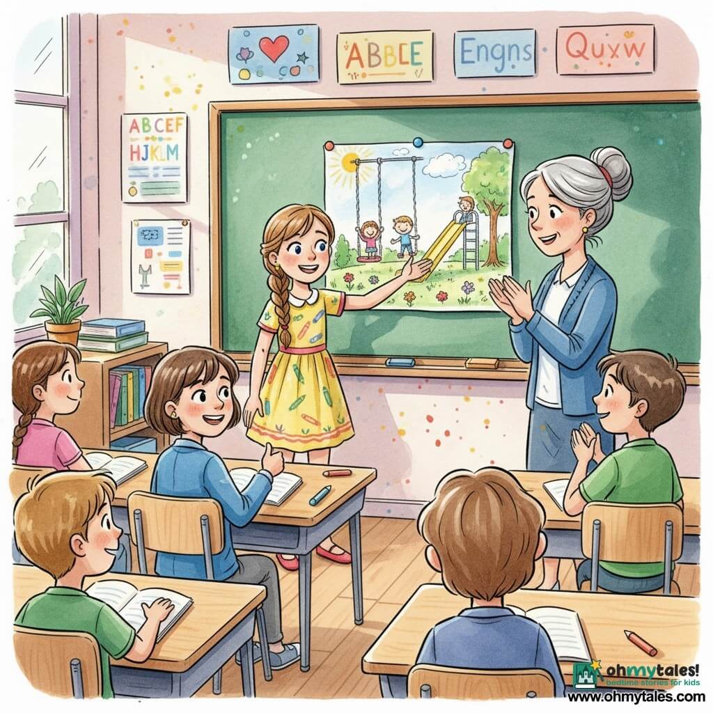 A radiant but slightly nervous 10-year-old girl, Sophie, with light brown braided hair and sparkling eyes, wearing a yellow dress patterned with pencils, stands at the front of a bright, colorful classroom presenting a large drawing pinned to a green board; nearby a confident, smiling 10-year-old, Emma, with short brown hair and a blue jacket sits in the front row giving a thumbs up, while Mrs. Thompson, the teacher in her fifties with gray hair in a bun and kind eyes, stands beside the board softly applauding; the room has light wooden desks, alphabet and art posters, a window with morning light, chalk on the board, and Sophie’s proud illustration of a sunny park with children playing rendered in colored ink and watercolor washes with soft contrasts and crisp outlines, creating a warm, encouraging atmosphere.