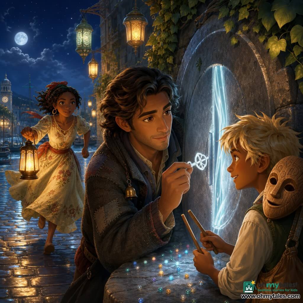 An adult man (Marco, ~30) with a gentle face and dark chestnut hair in strands, wearing a patched wool coat with a small bell, looks amazed and serene as he holds a small pale-silver key against a circular stone where a door of light opens; a boy (Timo, ~10) with pale messy blond hair, tanned skin and a mischievous smile gently taps the stone with two small sticks at Marco’s right, a canvas bag and a carved wooden mask on his shoulder; a girl (Rosa, ~16) in a simple floral dress with a red ribbon runs in from the left holding a small lantern with a bright yellow flame and colorful beads rolling like stars on the stone, appearing determined and kind; the Square of Lanterns is an old paved square with hanging patinated metal lanterns, wet cobbles reflecting light, ivy-covered stone walls, small boats in the distance and a clock tower in the background; the door opens as a slit of glass and pale blue-silver light that flows like liquid silk; soft nocturnal atmosphere with a light herb-scented mist, warm contrast between the lantern flame and the moonlit cold; visual style: saturated but soft colors, tactile textures (carved wood, patched wool, patinated metal, wet cobbles), composition centered on Marco’s hand and the key, clear readable expressions for the children.