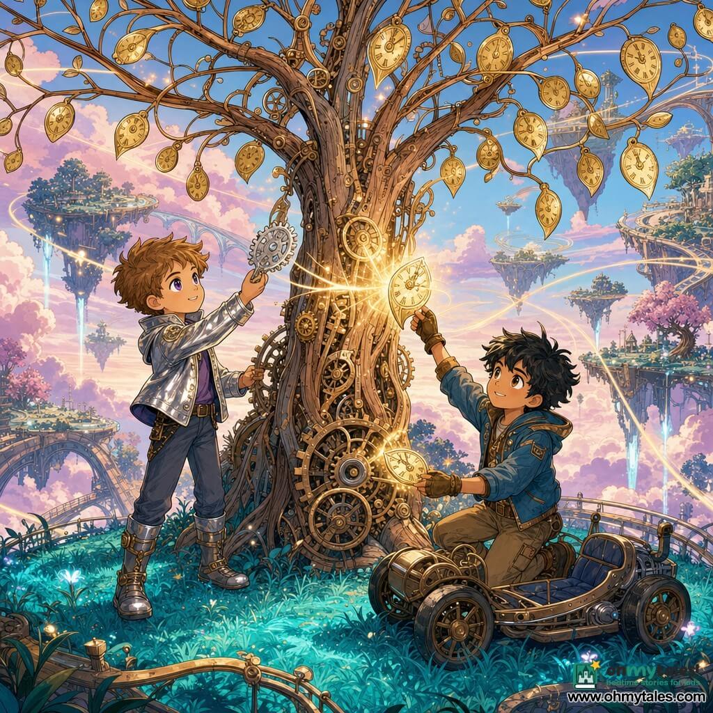 Two boys: Milo, about 10, short light-brown hair, color-changing eyes shown violet, wearing a shiny silver jacket, stands left of the trunk and reaches a silver gear-leaf toward a branch; Finn, about 11, messy black hair, lightly tanned, a small wheeled vehicle beside him, kneels right of the trunk with a determined smile holding another sparkling clock-leaf. They are on a floating sky field of suspended islets with turquoise glowing grass and arched light bridges around a central large wood-and-brass mechanical willow with visible gears in the trunk, copper branches, and small golden dial leaves that tick; pink clouds and glowing orbital rings in the background. The boys are together replacing three sparkling clock-leaves into empty branches; golden light bursts from the reinstalled leaves, sending sparkling particles and rhythmic lines from the tree to the islets in a warm, magical, optimistic scene drawn in colored ink with soft outlines and polished metal and mechanical bark textures.