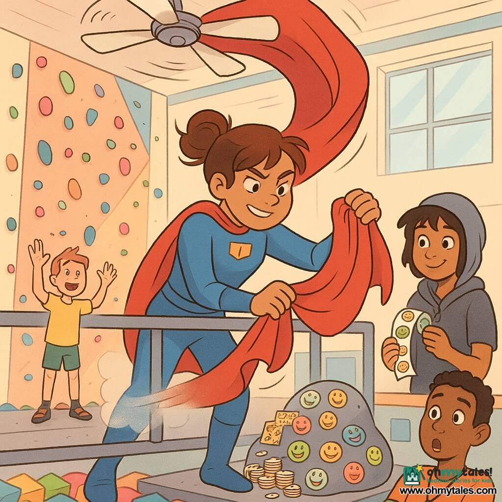 A smiling but focused female hero with messy brown bun hair in a fitted blue suit bearing a small square chest emblem, partially folded red cape caught on a large ceiling fan and being retrieved from a maintenance walkway while she leans on the railing with a determined, squinting expression; nearby, about 12-year-old Milo in a yellow tee and climbing shoes stands lower by the climbing wall edge, excited with hands raised; Stick Shift, a young woman in a gray hood with tousled hair, slightly embarrassed but smiling, stands by a pile of badges and an inflatable sticker-covered rock holding a roll of stickers; a teen coach with a whistle, arms crossed, watches amused from the reception area. The setting is a bright indoor pastel climbing gym with candy-colored holds, high windows, a foam cube pit below, visible motion (floating cape, foam dust), and a warm, exaggerated, soft-lined, saturated graphic style focused on the heroine and cape.