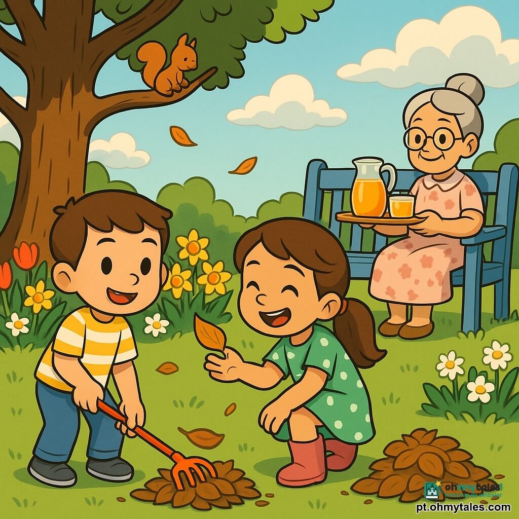 Três personagens: Leo, menino de ~6 anos, cabelos curtos castanhos, camiseta amarela listrada, calça jeans, sorrindo, segura um ancinho vermelho à esquerda; Ana, menina de ~6 anos, cabelos castanhos longos em rabo de cavalo, vestido verde com bolinhas brancas, botinhas rosas, agachada ao centro, segura uma folha ocre e ri; Vovó Rosa, senhora de ~70 anos, cabelo grisalho preso, óculos redondos, vestido florido rosa claro, segura uma jarra de suco e um bandeja, sentada num banco azul à direita e sorri. Cena: jardim de primavera luminoso com relva aparada, canteiros de tulipas, narcisos e margaridas, grande árvore à esquerda com um esquilo, poucas folhas amontoadas e céu azul com nuvens; situação: crianças ajudam a avó a limpar o jardim numa cena alegre, calma e colorida, luz suave de manhã com sombras delicadas, composição simples e legível para uma criança de 4 anos.