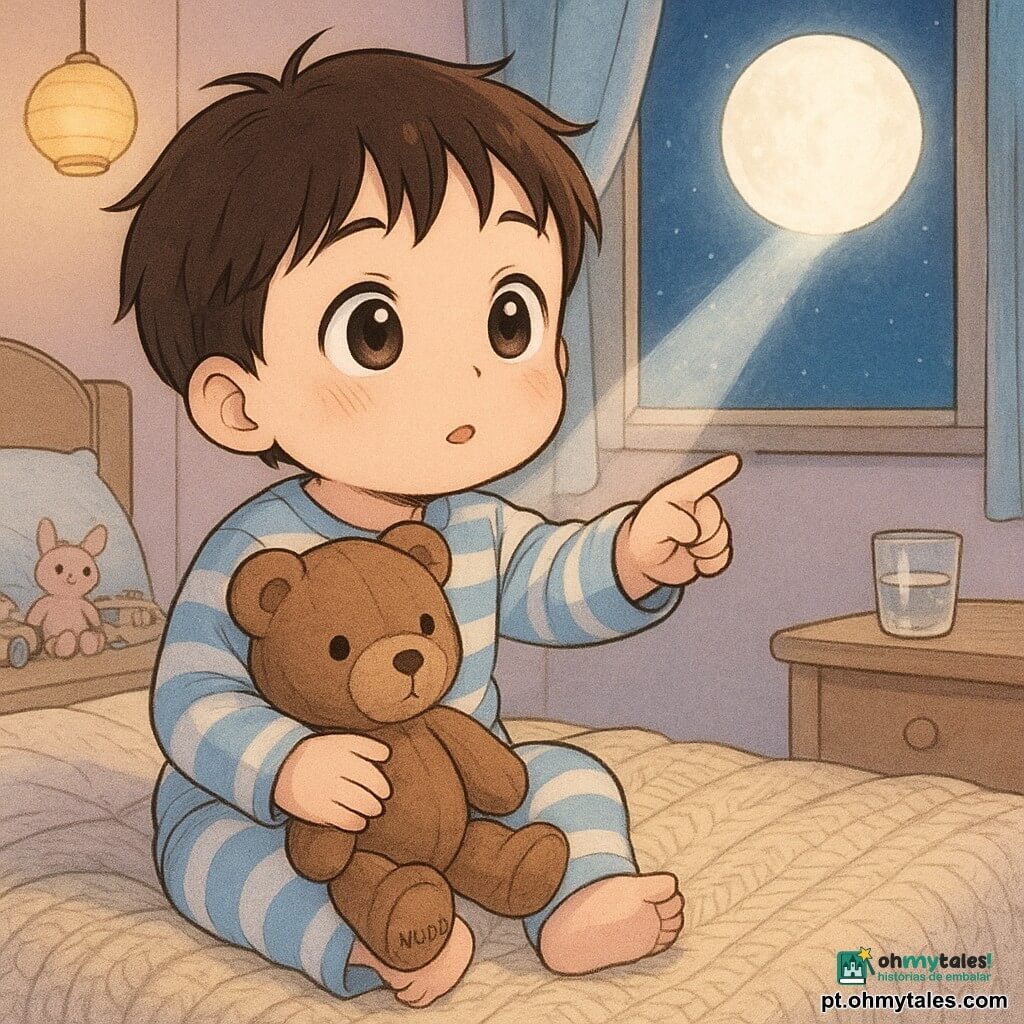 Um menino de 2 anos, rosto redondo e cabelos castanhos, olhos grandes e expressão calma e maravilhada, sentado na cama de pijama listrado, estende o dedo para um raio de luar no chão; seu ursinho de pelúcia marrom chamado Nuno, macio e um pouco gasto, está em seu colo; a lua aparece como uma esfera leitosa pela janela projetando um fio de luz prateada pelo quarto aconchegante de tons pastéis, com coberta de tricô, cortina leve e um copo de água no criado‑mudo — cena tranquila e terna, centrada na emoção silenciosa.