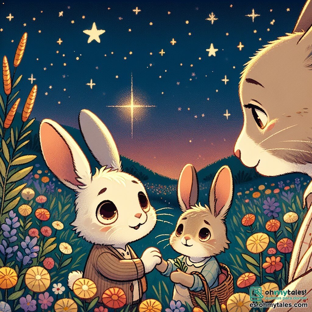 Un pequeño conejo llamado Nico, con un pelaje suave y blanco, grandes orejas traviesas y ojos brillantes de curiosidad, está de pie en un campo de flores coloridas, mirando el cielo estrellado con una sonrisa melancólica. A su lado, su hermano Max, un conejo un poco más grande con pelaje marrón y ojos cariñosos, le toma la pata, compartiendo un momento de consuelo. En el fondo, su mamá, una coneja de pelaje crema, los observa con ternura, sus ojos llenos de amor y dulzura, mientras sostiene una pequeña canasta de zanahorias. El cielo nocturno está salpicado de estrellas brillantes, y una estrella especialmente brillante parece brillar sobre ellos, simbolizando la presencia de su papá. La escena emana una atmósfera tranquila y cálida, mezclando tristeza y esperanza, mientras los conejos se reúnen para recordar a su papá y hablarle bajo el cielo estrellado.
