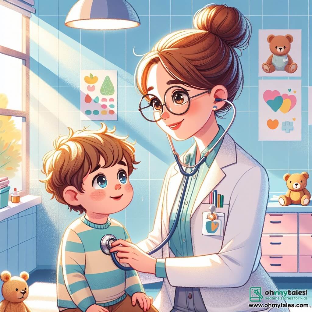 Dr. Lily is a smiling female doctor wearing a white coat and a stethoscope around her neck. She has brown hair tied in a bun and round glasses, and she is listening to a little boy's heart with a kind and reassuring expression. The boy, about 6 years old, has messy blonde hair and holds a teddy bear in his arms. He stands in front of Dr. Lily, with a shy smile, but his eyes sparkle with hope. The scene takes place in a bright and welcoming medical office with pastel blue walls, colorful posters of fruits and vegetables, and toys scattered on a fluffy rug. A window lets in sunlight, creating a warm atmosphere. The main situation shows Dr. Lily listening to the boy's heart as he sits on an examination table. He appears a bit nervous, but Dr. Lily speaks to him gently to reassure him, while his teddy bear seems to listen attentively as well.