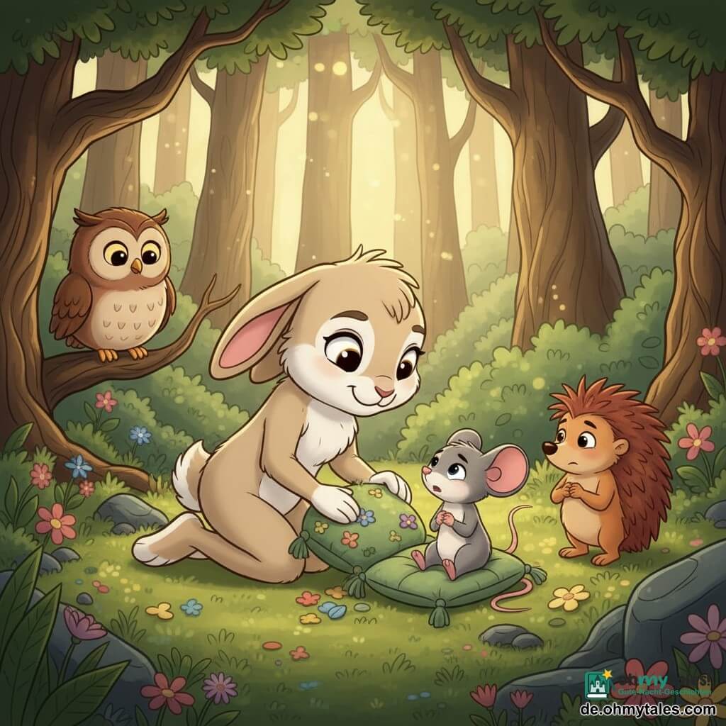Lotte, ein junger weiblicher Hase mit hellbeigem Fell und weißen Flecken, hat ein sanftes, lächelndes Gesicht und große, glänzende Augen; sie kniet und richtet ein Mooskissen auf dem Boden. Mia, eine kleine graue Maus mit rosa Ohren, sitzt dankbar mit zusammengelegten Pfoten auf dem Kissen und schaut gerührt zu Lotte. Eine runde braune Eule auf einem Ast links und ein scheuer rötlicher Igel etwas rechts beobachten neugierig und unterstützend. Die Szene spielt in einer geheimen Lichtung im Wald, umgeben von alten, knorrigen Bäumen, grünem Moosteppich, bunten Wildblumen und goldenen Sonnenstrahlen zwischen den Blättern. Hauptsache: Lotte zeigt Mia ihr ruhiges, gemütlich dekoriertes Versteck in der Lichtung, einen stillen, warmen Rückzugsort voller Mooskissen und Blumen in pastellfarbenem, weichem Licht.