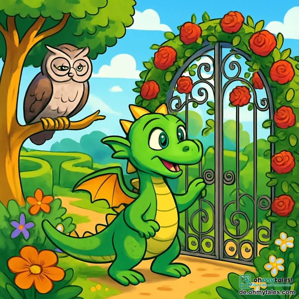 In einem magischen Garten steht ein junger Drache namens Flamm mit funkelnden grünen Schuppen und neugierigen Augen vor einem großen Tor, das mit Rosen und Efeu bedeckt ist. Er zeigt ein Ausdruck von Staunen und Aufregung, bereit, die Geheimnisse hinter dem Tor zu entdecken. Neben ihm sitzt eine weise alte Eule mit grauen Federn und runden Brillen auf einem Ast und beobachtet Flamm mit einem wohlwollenden und ermutigenden Blick. Der Ort ist ein üppiger Garten, gefüllt mit bunten Blumen, hohen grünen Hecken, die ein Labyrinth bilden, und einem strahlend blauen Himmel mit flauschigen weißen Wolken. Sonnenstrahlen filtern durch die Blätter und schaffen eine magische und bezaubernde Atmosphäre. Die Hauptsituation zeigt Flamm, der sich darauf vorbereitet, das Tor zu öffnen, sein Herz schlägt vor Aufregung, während die Eule ihn ermutigt, in diese geheimnisvolle Welt voller Abenteuer und Entdeckungen vorzudringen.