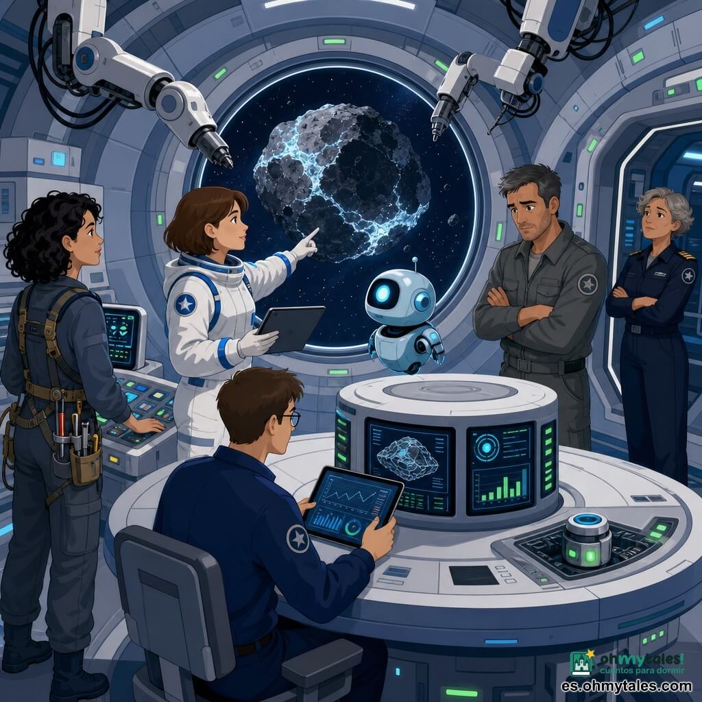 Lina es una astronauta de rostro decidido y mirada concentrada, cabello corto castaño, con un traje espacial blanco con franjas azules, sostiene una tableta y señala el cometa a través de una ventana circular; su expresión es calma pero atenta. Píxel es un pequeño robot flotante del tamaño de una mochila, cuerpo metálico azul claro y una luz LED redonda parpadeante, flota a la derecha de Lina mirando la misma ventana. Nadir es un hombre de mediana edad (≈45 años), piel bronceada, mono de trabajo gris, detrás de la mesa redonda con los brazos cruzados y mirada preocupada hacia el ordenador central. Yara es una mujer adulta (≈32 años), pelo rizado negro, con arnés de herramientas junto a un panel táctil, manos listas para pilotar un dron, a la izquierda de Lina. Bao es un hombre joven (≈28 años), gafas rectangulares y traje técnico azul marino, sentado frente a Lina mirando una tableta con gráficos. La comandante Sato es una mujer mayor (≈55 años), pelo corto y encanecido, uniforme oscuro con charretera, cruza los brazos en la entrada del módulo vigilando al equipo. El lugar es el interior de una estación espacial de recolección de cometas: muros metálicos curvados, gran ventana circular que muestra un fragmento de cometa oscuro con venas heladas brillantes, brazos robóticos masivos, cables, luces LED verdes y pantallas con datos numéricos. La escena principal muestra al equipo reunido alrededor de la mesa central observando una extraña señal del cometa por la ventana; ambiente de colaboración prudente, gestos calmados, dispositivos encendidos y sensación de tecnología limpia y ordenada.