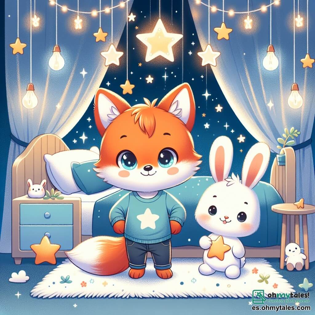 Un pequeño zorro llamado Nico, con un pelaje naranja brillante y ojos resplandecientes, está en su habitación, rodeado de luces suaves y decoraciones en forma de estrellas. Tiene una sonrisa confiada en su rostro, mostrando que ha superado su miedo a la oscuridad. Junto a él, su amigo el pequeño conejo Tito, con pelaje blanco y grandes orejas, admira las decoraciones, sosteniendo una estrella brillante en sus patas. La habitación es acogedora, con paredes pintadas de azul noche, cortinas de tela ligera y una alfombra suave. Estrellas luminosas cuelgan del techo, creando una atmósfera mágica y reconfortante. Nico y Tito, rodeados de luces centelleantes, están juntos, listos para enfrentar la noche sin miedo, transformando su habitación en un cielo estrellado lleno de sueños.