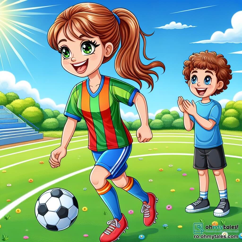 Emma, o tânără atletă cu părul castaniu prins în coadă de cal, poartă un tricou de fotbal colorat și un zâmbet radiant, driblează o minge de fotbal pe un teren verde. Ea exprimă bucurie și determinare, cu ochii strălucind de pasiune pentru joc. Aproape, David, un băiat de zece ani cu părul creț și ochi strălucitori, poartă un tricou albastru și o pereche de pantaloni scurți negri. El aplaudă cu entuziasm, pregătit să învețe de la idolul său, cu un zâmbet larg pe față, arătându-și admirația pentru Emma. Locul este un teren de fotbal însorit, înconjurat de copaci verzi și flori colorate, cu un cer albastru deschis în fundal. Terenul este marcat bine, iar iarba este de un verde strălucitor, creând o atmosferă veselă și dinamică. Situația principală o arată pe Emma în acțiune, driblând mingea cu ușurință, în timp ce David o încurajează, ilustrând prietenia lor și pasiunea comună pentru fotbal.