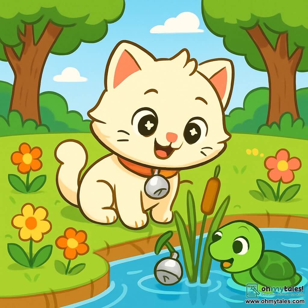 A little cat named Whiskers, with fur as soft as a cloud and eyes bright as stars, sits by a pond, looking curious and joyful. He gazes in wonder at his precious silver bell, which sparkles in the sun. Next to him, Timmy the turtle, with a green shell and mischievous eyes, swims gently in the clear water, ready to help his friend. The setting is a peaceful pond surrounded by colorful flowers and tall trees with green leaves, where the reflection of the blue sky dances on the water's surface. Whiskers tries to catch his bell stuck in the reeds, while Timmy approaches to free it, creating a scene full of friendship and adventure.