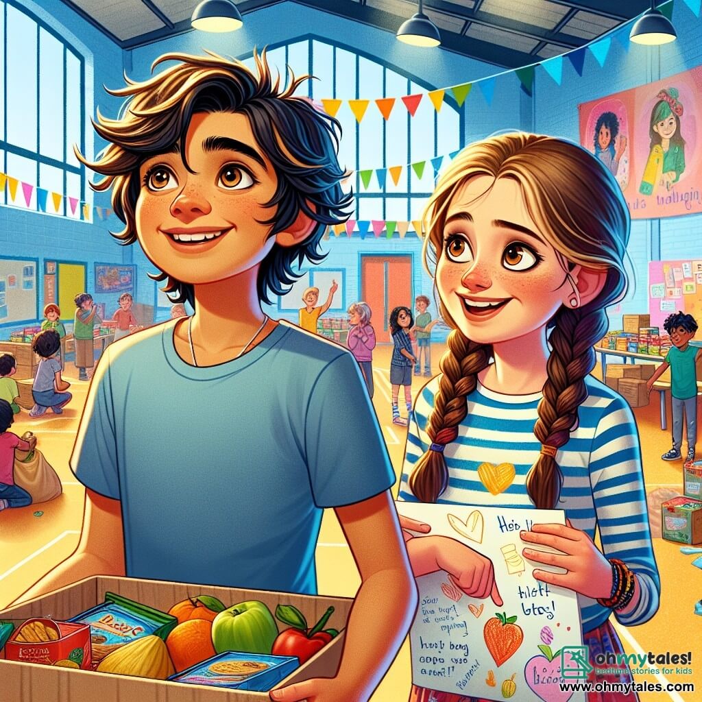A 12-year-old boy, Liam, stands at the center of the image with messy brown hair and a warm smile. He wears a blue t-shirt and shorts, his eyes shining with excitement as he organizes a food drive. Next to him, 12-year-old Sarah, with braided blonde hair and a colorful dress, holds a decorated poster showing her enthusiasm. A 10-year-old boy, Marco, with black hair and a striped t-shirt, admires Liam while holding a food box he just donated. The community center is a bright space with colorful walls, tables filled with food boxes, and children playing around. Colorful balloons float from the ceiling, adding to the festive atmosphere. The main scene shows Liam, Sarah, and Marco gathering food donations to help families in need, surrounded by other children bringing bags and smiles, creating a sense of solidarity and joy.