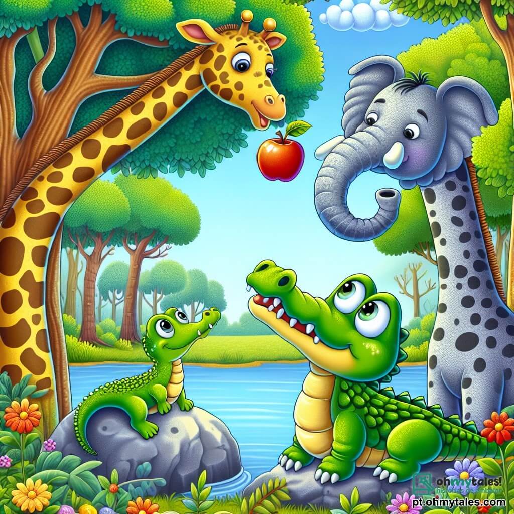 Um crocodilo chamado Carlito, com uma pele verde brilhante e olhos cheios de curiosidade, está deitado em uma pedra à beira de um lago, com um grande sorriso no rosto, sonhando com aventuras. Ao seu lado, uma girafa chamada Gertrudes, com um longo pescoço e manchas douradas, tenta pegar uma maçã pendurada em um galho alto, com um olhar determinado. Não muito longe deles, um elefante chamado Ernesto, com grandes orelhas e pele cinza, sopra bolhas de sabão, adicionando um toque de magia à cena. O cenário é uma floresta colorida, com árvores de folhas verdes vibrantes, flores multicoloridas e um céu azul salpicado de nuvens fofas. A situação principal mostra Carlito e seus amigos unidos em uma divertida busca pela maçã, ilustrando o espírito de amizade e aventura que os une.