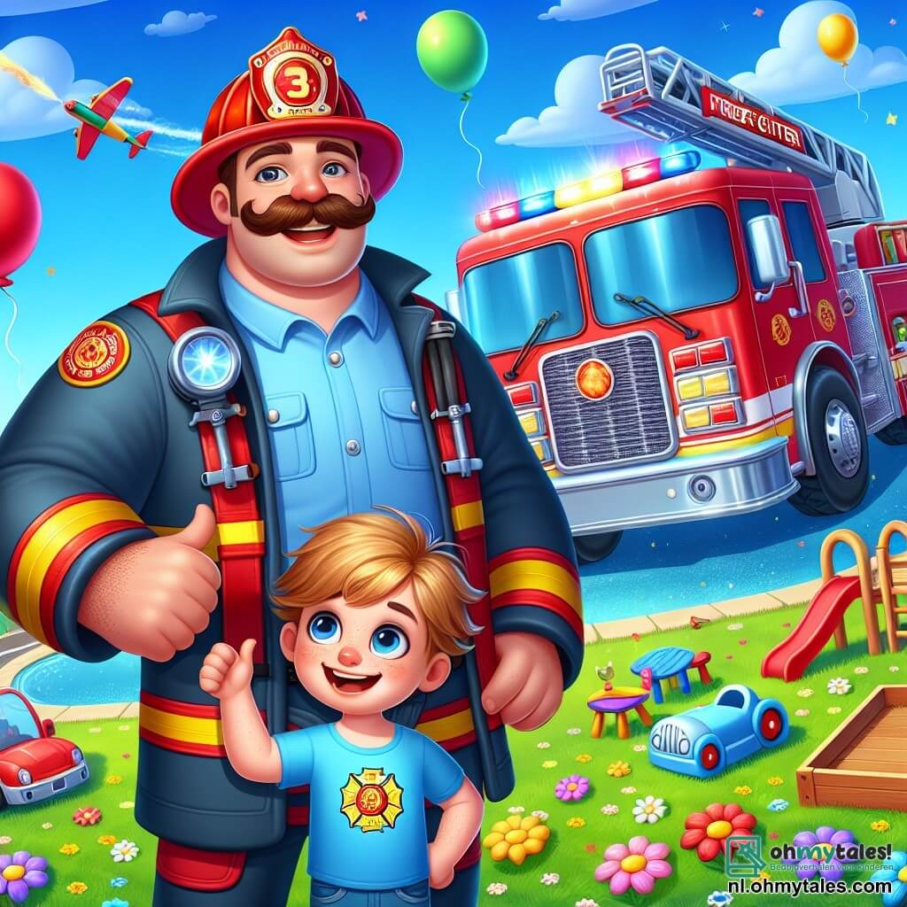 Een glimlachende brandweerman, genaamd Bram, is een stevige man met een grote bruine snor, gekleed in een glanzend rood pak en een brandweerhelm. Hij staat trots naast zijn grote, stralende brandweerwagen en steekt zijn duim op met een grote blije glimlach. Naast hem staat een jongen genaamd Sam, ongeveer 8 jaar oud, met messy blond haar en een blauwe t-shirt met een afbeelding van een brandweerwagen. Hij kijkt met bewondering naar Bram, met opgewonden grote ogen. De scène speelt zich af op een uitgestrekt groen terrein, vol kleurrijke bloemen en speeltoestellen, met een grote houten speeltuin op de achtergrond. Ballonnen zweven in de blauwe lucht, wat een feestelijke sfeer toevoegt. Bram legt enthousiast aan de kinderen uit hoe ze een brand kunnen blussen en dieren kunnen redden, terwijl Sam aandachtig luistert met zijn armen gekruist, vol verlangen om te leren.