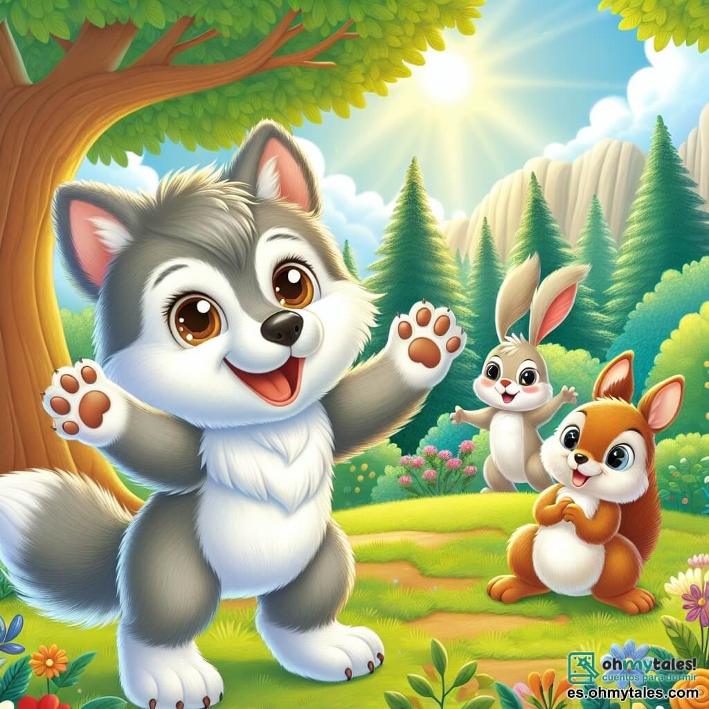 Un pequeño lobo de pelaje gris suave y ojos color avellana, sonriendo con entusiasmo, se encuentra en el centro de la escena, con las patas levantadas como si invitara a jugar. A su derecha, una ardillita de pelaje marrón claro con una cola esponjosa, que sonríe alegremente, se esconde detrás de un árbol, lista para jugar al escondite. A su izquierda, un pequeño conejo blanco con orejas grandes, con un aire curioso y emocionado, se oculta detrás de un arbusto, observando atentamente. En el fondo, una pradera verde bañada por la luz dorada del sol, salpicada de flores coloridas y grandes árboles majestuosos, crea una atmósfera cálida y acogedora. La escena principal muestra a los amigos jugando juntos, celebrando su nueva amistad y la alegría de compartir momentos en un entorno encantador.