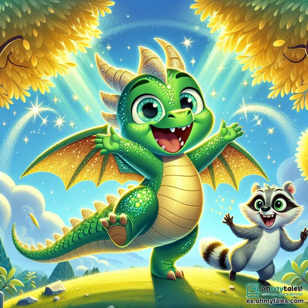 Un dragón verde brillante, llamado Dimi, con escamas relucientes y grandes ojos chispeantes de curiosidad, se encuentra en la cima de una montaña. Sonríe con entusiasmo, con las alas desplegadas, listo para compartir el Corazón de la Risa. A su lado, un pequeño ratón, travieso y ágil, con pelaje gris y ojos pícaros, aplaude alegremente, saltando sobre sus patas traseras. Un árbol de hojas doradas, que parece reír, se encuentra detrás de ellos, añadiendo un toque de magia a la escena. El cielo es de un azul brillante, salpicado de nubes blancas y esponjosas, y la montaña brilla bajo el sol, creando un paisaje encantador. Dimi y sus amigos celebran el descubrimiento del tesoro mágico, rodeados de una aura de alegría y risas, listos para compartir su felicidad con todos los habitantes del bosque.