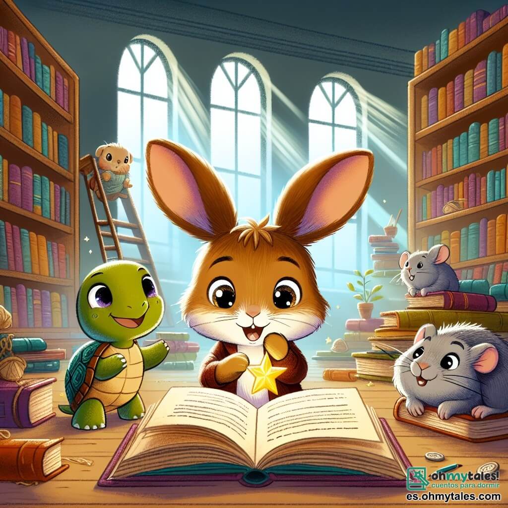 Un pequeño conejo de grandes orejas y pelaje suave y marrón, con ojos brillantes de curiosidad, está abriendo un viejo libro polvoriento en una biblioteca. Muestra una expresión de asombro y emoción. A su lado, una tortuga de caparazón verde y brillante, con una mirada sabia y una ligera sonrisa, observa atentamente el libro, apoyándose en una estantería de madera. Un pequeño ratón de pelaje gris y ojos vivos, con una expresión de entusiasmo, está sentado en el suelo, señalando una estrella dibujada en el libro. La biblioteca está llena de grandes estanterías de madera, cargadas de libros coloridos, con rayos de luz filtrándose a través de grandes ventanas, creando un ambiente cálido y mágico. La situación principal muestra al pequeño conejo y sus amigos descubriendo un antiguo libro de cuentos, revelando un mapa misterioso que los lleva a una aventura de caza del tesoro.
