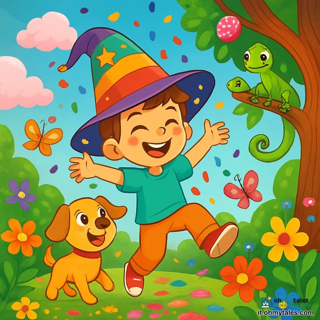 Un ragazzo di 6 anni, di nome Marco, indossa un grande cappello magico dai colori vivaci, con un sorriso radioso e occhi scintillanti di gioia. Sta saltando di felicità in un giardino incantato, circondato da fiori multicolori e farfalle danzanti. Accanto a lui, il suo cane Fido, un adorabile cagnolino dai peli dorati, scodinzola con entusiasmo, guardando Marco con occhi brillanti. Un piccolo geco verde di nome Tito, appollaiato su un ramo, li osserva con un sorriso malizioso, pronto a guidarli verso nuove avventure. Il giardino è pieno di alberi dai tronchi contorti, coperti di caramelle scintillanti, e il terreno è tappezzato di petali colorati che brillano sotto il sole. Nuvole a forma di zucchero filato flottano nel cielo blu. La scena principale mostra Marco, Fido e Tito che danzano gioiosamente sotto una pioggia di coriandoli colorati, creando un'atmosfera festosa e magica, piena di risate e felicità.
