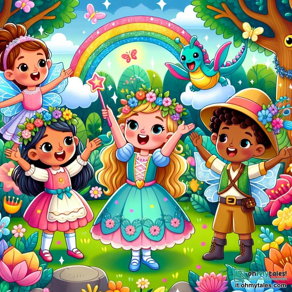Quattro amiche si trovano al centro di un giardino incantato: Anna, una bambina di 8 anni con lunghi capelli biondi e un sorriso splendente, indossa un costume da fata con ali scintillanti e danza gioiosamente; Luisa, una bambina di 7 anni con capelli castani e ricci, è vestita con un abito da principessa fiorito e racconta una storia divertente con una bacchetta magica; Carla, una bambina di 9 anni con capelli lisci e neri, indossa un cappello da esploratrice e un gilet colorato, indicando un grande albero parlante dietro di loro; Sofia, una bambina di 8 anni con capelli castani e un piccolo bastone colorato, sorride guardando un piccolo drago colorato che le circonda. Il giardino è pieno di fiori giganti dai colori vivaci, farfalle danzanti e una luce dorata che filtra tra le foglie degli alberi. Al centro, un grande albero sorridente sembra accoglierle. Le amiche stanno aiutando un piccolo drago grigio a ritrovare i suoi colori danzando e cantando intorno a lui, creando un'atmosfera gioiosa e magica.