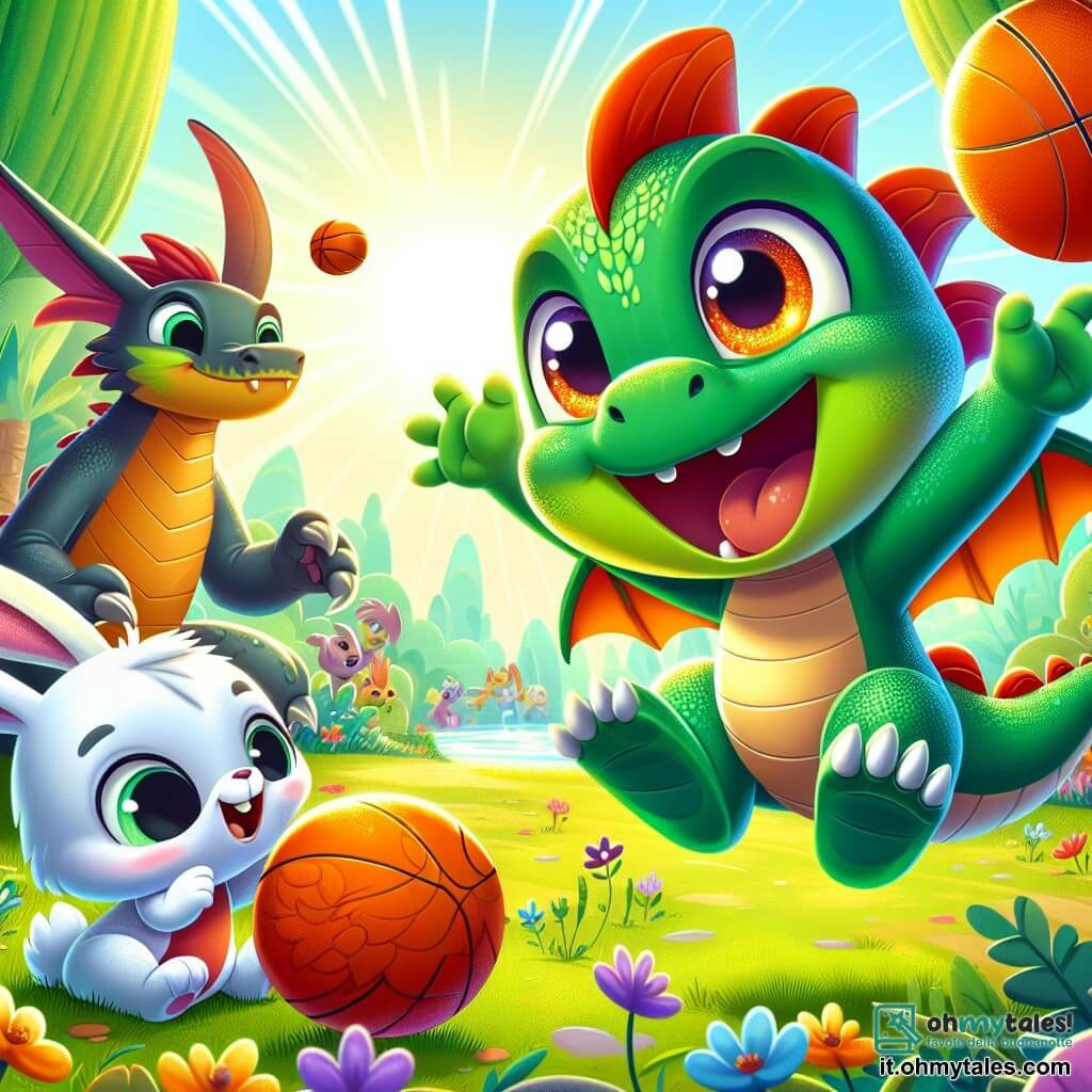 Un piccolo drago di nome Lillo, con squame verdi brillanti e grandi occhi scintillanti di gioia, salta in aria lanciando un pallone da basket arancione, con un grande sorriso sul volto. Accanto a lui, un coniglietto dalle grandi orecchie bianche e pelo morbido, con uno sguardo entusiasta, applaude e incoraggia Lillo mentre tiene una piccola palla. Sullo sfondo, un altro drago di nome Tino, con squame rosse e una statura imponente, sorride amichevolmente, pronto a unirsi al gioco. La scena si svolge in un prato soleggiato di una foresta verdeggiante, circondata da alberi maestosi e fiori colorati che danzano al vento. Raggi di sole filtrano tra le foglie, creando un'atmosfera gioiosa e calorosa. La situazione principale mostra Lillo in volo, lanciando il pallone con entusiasmo, mentre i suoi amici animali lo incoraggiano, celebrando lo spirito di squadra e l'amicizia in un momento di pura felicità.