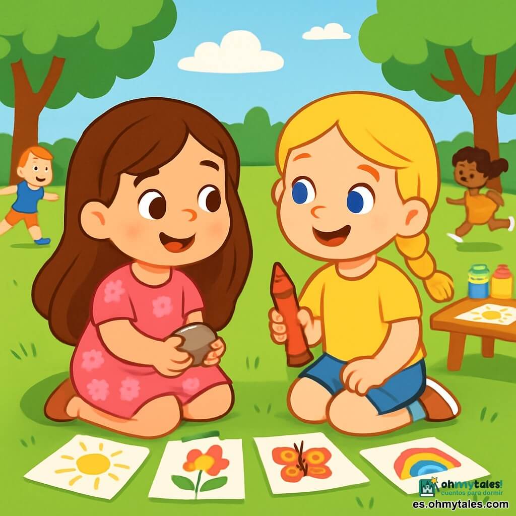 Hay 2 personajes principales: Ana, una niña de 4 años con cabello largo castaño y ojos brillantes, que lleva un vestido rosa con motivos de flores, y Luna, otra niña de 4 años con trenzas rubias y ojos azules, vestida con una camiseta amarilla y un short de mezclilla. Están en un parque soleado lleno de vegetación, donde los árboles se mueven suavemente con el viento y otros niños juegan. Ana y Luna están sentadas en la hierba, respirando profundamente como osos, listas para superar su timidez, sonriéndose mientras están rodeadas de dibujos coloridos que han creado.