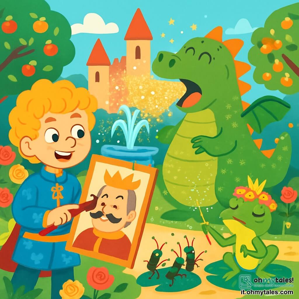 Il Principe Tobia, un ragazzo di circa 10 anni, ha capelli ricci dorati e un grande sorriso malizioso. Indossa una tunica blu decorata con motivi floreali e tiene un pennello in mano, mentre disegna baffi su un ritratto. Accanto a lui, il Drago Panciapiena, una creatura massiccia con squame verdi scintillanti e una pancia rotonda, starnutisce polverina glitterata, creando una nuvola luccicante. La Rana Concerta, una rana graziosa con una corona di fiori, dirige un piccolo orchestra di grilli vivaci, tutti appollaiati su foglie di ninfea. La scena si svolge nel giardino incantato del castello, pieno di rose colorate, fontane danzanti e alberi carichi di frutti brillanti. Al centro, il Principe Tobia e il Drago Panciapiena sono circondati da un vortice di glitter, mentre la Rana Concerta, con la sua bacchetta scintillante, cerca di portare un po' di armonia in questo momento caotico e divertente.