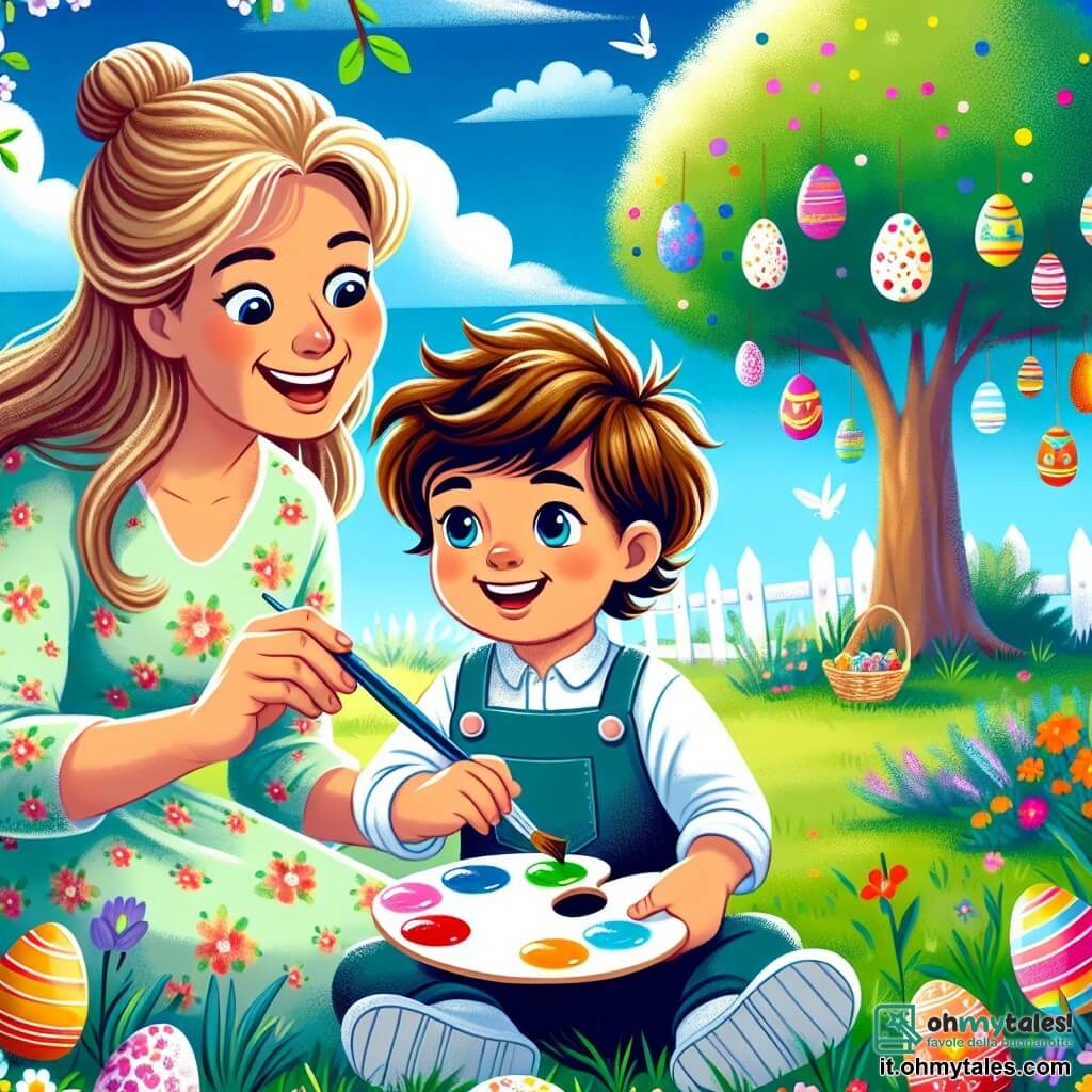 Un bambino di 4 anni di nome Leo, con capelli castani disordinati e un grande sorriso gioioso, è seduto sull'erba verde del giardino, tenendo una tavolozza di colori vivaci in una mano e un pennello nell'altra. È concentrato ed entusiasta, mentre dipinge uova di Pasqua dai colori brillanti. Accanto a lui c'è sua mamma, una donna di circa trent'anni, con lunghi capelli biondi raccolti in uno chignon e un sorriso dolce. Indossa un vestito leggero a fiori e aiuta Leo mostrandogli come mescolare i colori, piegandosi verso di lui con gli occhi pieni di orgoglio. Sullo sfondo, un grande albero con rami carichi di uova di Pasqua colorate si erge maestosamente. Il cielo è blu con alcune nuvole bianche soffici e fiori multicolori punteggiano il giardino, contribuendo all'atmosfera festiva. La scena principale mostra Leo e sua mamma che decorano insieme le uova di Pasqua, pieni di gioia e creatività, mentre un coniglietto bianco li osserva con aria maliziosa, pronto ad aiutarli nella loro avventura colorata.