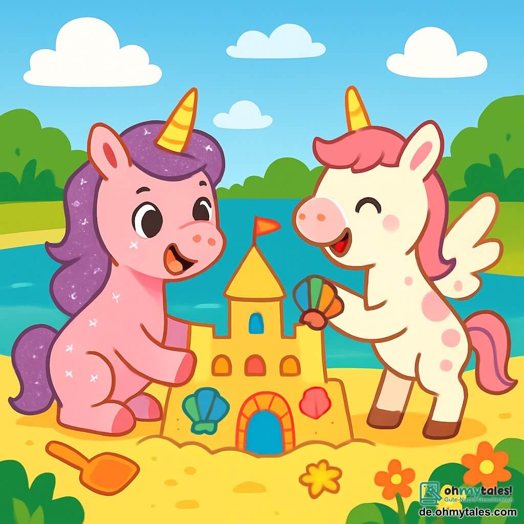 Ein kleines rosa Einhorn mit glitzernder Mähne, Lina, lächelt fröhlich, während sie eine große Sandburg am Ufer eines Sees baut. Ihre Augen funkeln vor Aufregung und ihr Körper ist mit kleinen, leuchtenden Sternen verziert. Neben ihr lacht ihre beste Freundin Mia, ein weiteres kleines Einhorn mit rosa Flecken, während sie bunte Muscheln zur Burg hinzufügt. Sie hat einen verspielten Ausdruck und ihre zarten Flügel sind leicht ausgebreitet. Die Landschaft zeigt einen wunderschönen, türkisfarbenen See, umgeben von üppigem Grün und leuchtenden Blumen. Der Himmel ist strahlend blau, durchzogen von einigen flauschigen weißen Wolken. Lina und Mia schaffen eine prächtige Sandburg, voller lebendiger Farben und Dekorationen, unter der sanften Sommersonne, umgeben von Kinderlachen und einer fröhlichen Atmosphäre.