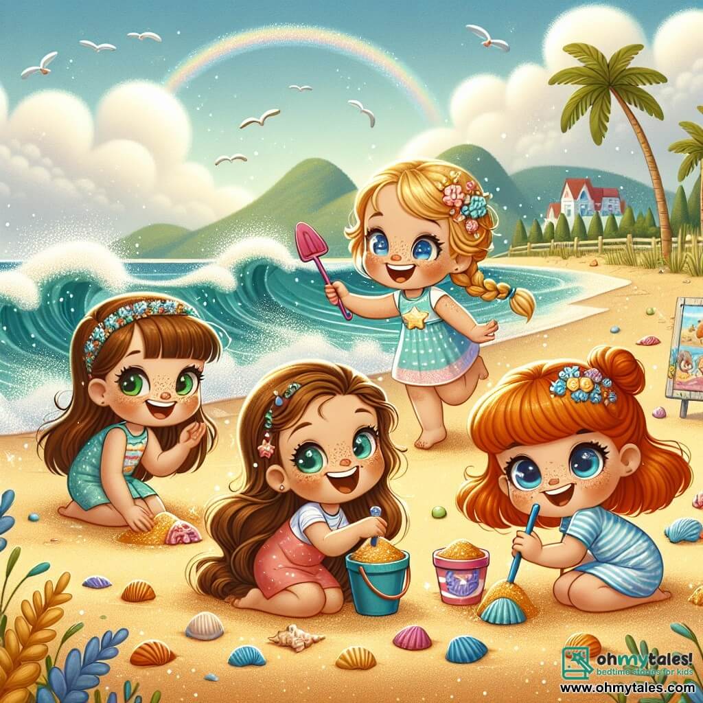In the foreground, Luna, a seven-year-old girl with long brown hair and sparkling eyes, is digging in the sand with a colorful shovel. Next to her, Mia, a six-year-old girl with braided blonde hair, is joyfully dancing while holding a shiny shell. A little further away, Sophie, a seven-year-old girl with red hair and freckles, is laughing and making faces while holding a bucket filled with sand. Finally, Bella, a seven-year-old girl with brown hair and round glasses, is crouched down drawing patterns in the sand with a stick. 

The scene takes place on a sunny beach, with shimmering waves lapping at the shore. The sand is golden and soft, sprinkled with colorful shells. In the background, palm trees sway gently in the breeze, and a light blue sky is dotted with fluffy white clouds. 

The main situation shows the four friends engaged in a treasure hunt, searching for magical objects buried in the sand. Luna has just discovered a shiny starfish, while Mia is about to show her colorful shell, and Sophie is making a joke that makes everyone laugh. The atmosphere is cheerful and magical, filled with laughter and bright smiles.