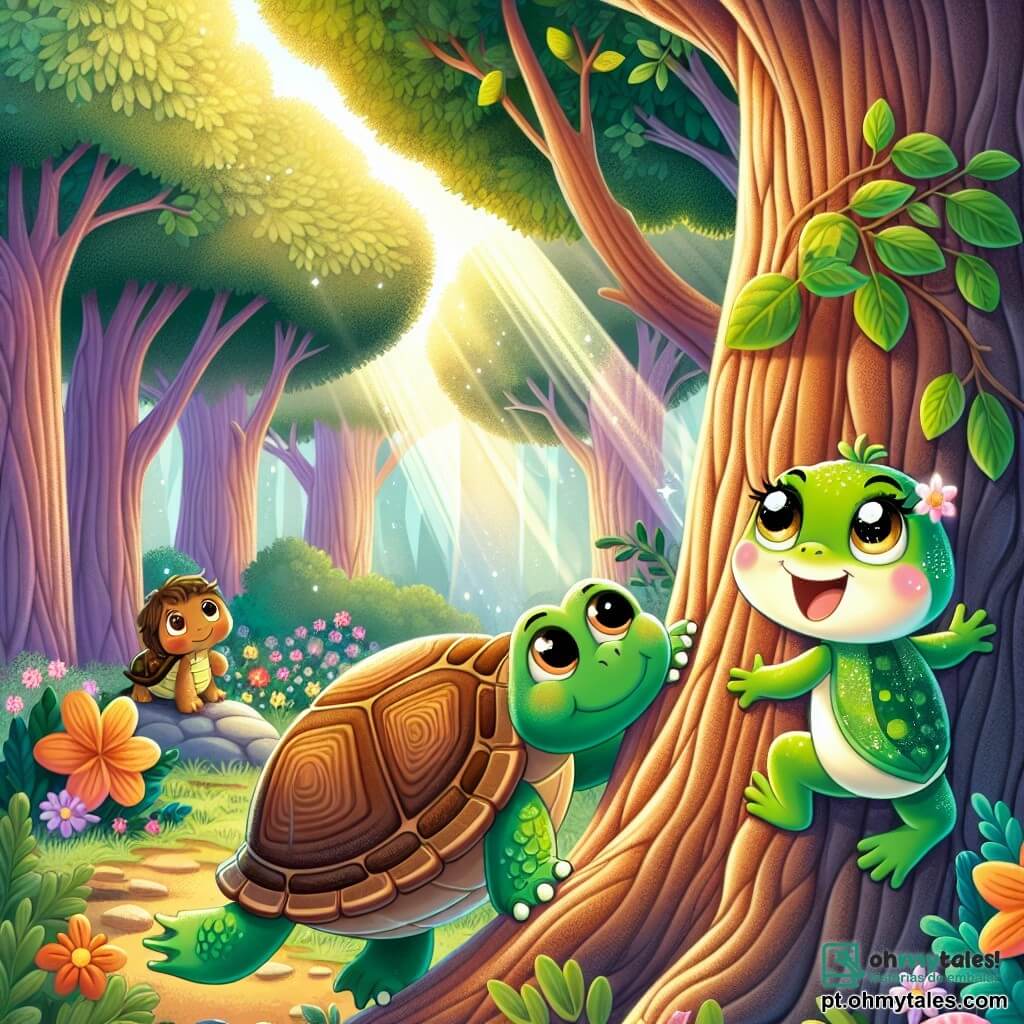 Uma pequena rã chamada Lili, com pele verde brilhante e olhos redondos e cintilantes, está orgulhosamente no topo de um tronco de árvore, sorrindo, mostrando sua determinação e alegria em ser corajosa. Ao seu lado, seu amigo Tico, uma tartaruga de casco marrom e olhos suaves, olha para Lili com uma expressão de incentivo, apoiando-se em uma pedra perto da árvore, pronto para ajudar. O cenário é uma floresta encantada, com árvores majestosas de folhas douradas, flores coloridas espalhadas pelo chão e um suave raio de sol filtrando através dos galhos, criando uma atmosfera mágica. A cena principal mostra Lili, cheia de coragem, no tronco da árvore, pronta para pular, enquanto Tico a encoraja a descer com cuidado, ilustrando o espírito de aventura e amizade que os une.