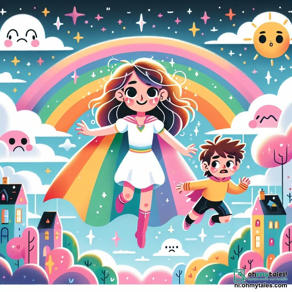 Een jonge vrouw, Sterre Sprankel, zweeft in de lucht, haar glinsterende haren verlichten haar blije en vastberaden gezicht. Ze draagt een regenboogcape die onder het licht schittert. Naast haar staat een klein jongetje van ongeveer 8 jaar, met rommelig bruin haar en grote ogen, die met bewondering kijkt terwijl hij een klein pluizig wolkje vasthoudt. Op de achtergrond strekt een magische stad met drijvende pastelkleurige huizen en roze bomen zich uit onder een sterrenhemel. Sterre, klaar om de dag te redden, steekt haar hand uit naar de sombere zon, omringd door grijze wolken.