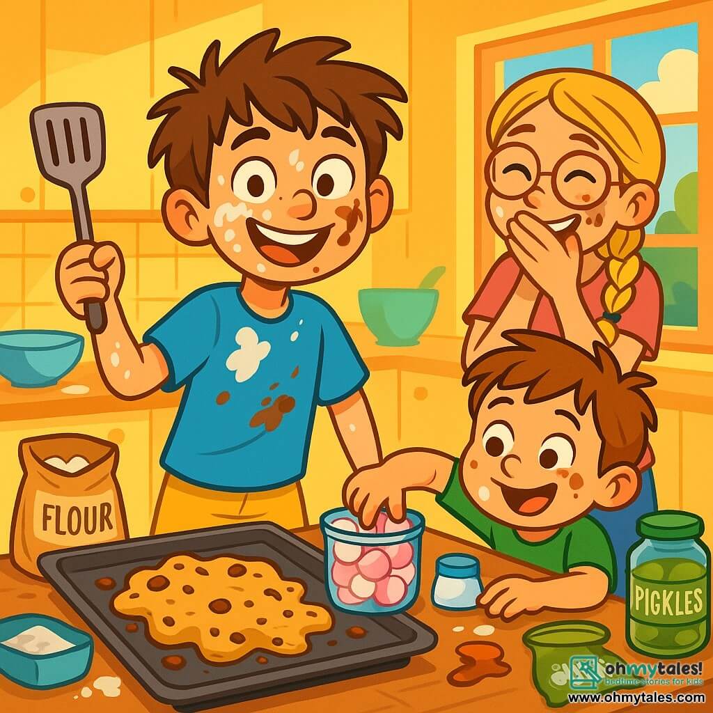 A 10-year-old boy with messy brown hair and sparkling mischievous eyes is at the center of the image. He wears a bright blue t-shirt and yellow shorts, smiling joyfully while holding a spatula. Next to him, his 11-year-old sister, with long braided blonde hair and round glasses, watches the scene with an amused smile, trying to contain her laughter. She is dressed in a pink t-shirt and casual jeans. Their faces are covered in flour and chocolate, adding to the humor of the situation. Their 7-year-old little brother, with brown hair and round cheeks, is dipping his hand into a jar of marshmallows, his eyes shining with excitement. He wears a green t-shirt and striped shorts. The scene takes place in a sunny kitchen with yellow walls and open windows letting in light. Ingredients are scattered on the counter: a mix of flour, sugar, pickles, and marshmallows, creating a colorful and amusing mess. The children are preparing a batch of cookies, but their mixture has taken an unexpected turn, forming a large sticky and strange dough on the baking sheet. The atmosphere is filled with laughter and joy, capturing the spirit of a hilarious culinary adventure among siblings.