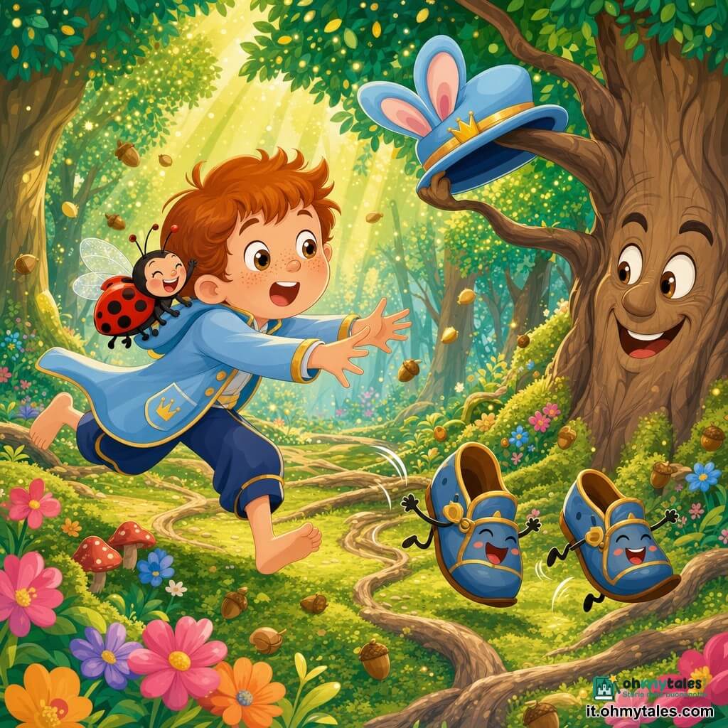 Principe Tobia, ragazzo dal viso rotondo e sorridente con occhi nocciola e lentiggini, indossa un piccolo soprabito celeste e un cappello con orecchie da coniglio storto; è gioioso e sorpreso mentre corre a piedi nudi tra le radici per recuperare le sue scarpe che saltellano e ridono emettendo squiiik, braccia tese verso di loro, Gigetta la coccinella femmina, rotonda e rossa a pois neri, è sulla sua spalla sinistra a ridere e agitare le ali lucenti guardando le scarpe, un albero basso e paffuto con un grande tronco sorridente e uno sguardo malizioso tiene il cappello del principe su un ramo come se lo indossasse, il tronco inclinato verso Tobia; lo sfondo è un boschetto incantato con alberi alti dalle foglie scintillanti verde smeraldo e tocchi dorati, radici ricurve che formano sentieri, tappeti di muschio verde tenero, fiori colorati e ghiande che cadono come coriandoli, luce solare morbida a raggi gialli, palette vivace e contrastata, stile vettoriale semplice e leggibile per bambini.