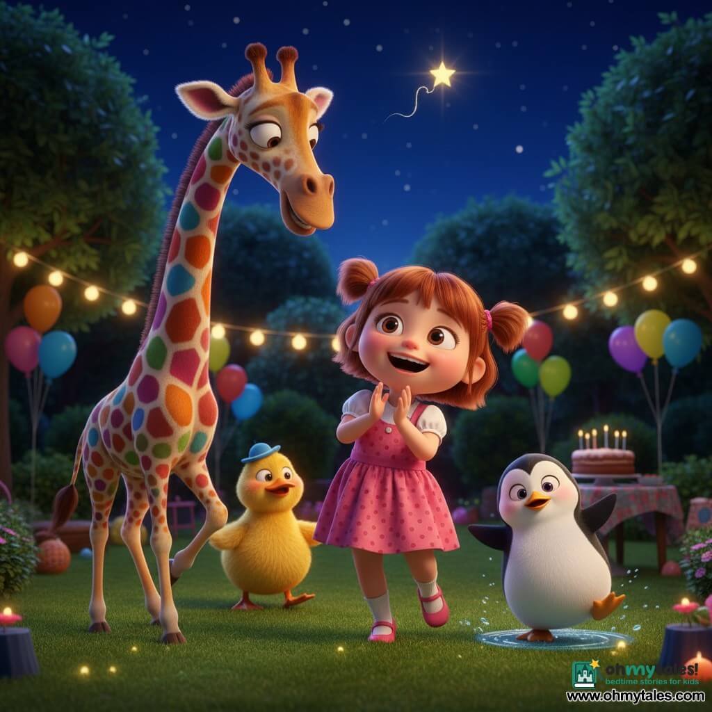 A joyful, wide-eyed 4-year-old girl with short brown pigtails in a pink polka-dot dress jumps and claps at the center; a very tall rainbow giraffe with a long neck and bright multicolored spots leans and smiles to her left; a chubby penguin (about 2) with black feathers and a white belly awkwardly spins into a pirouette to her right on a few sparkling drops of water; a plump yellow duck wearing a small blue hat waddles rhythmically behind her; cozy nighttime garden with soft green grass, yellow string lights in the trees, colorful balloons and a cake on a small table in the background, deep blue starry sky with one twinkling star; main scene: a small garden party parade of the girl and her friends dancing together in rounded movements with visible laughter, saturated colors, soft warm lighting, tender playful atmosphere.